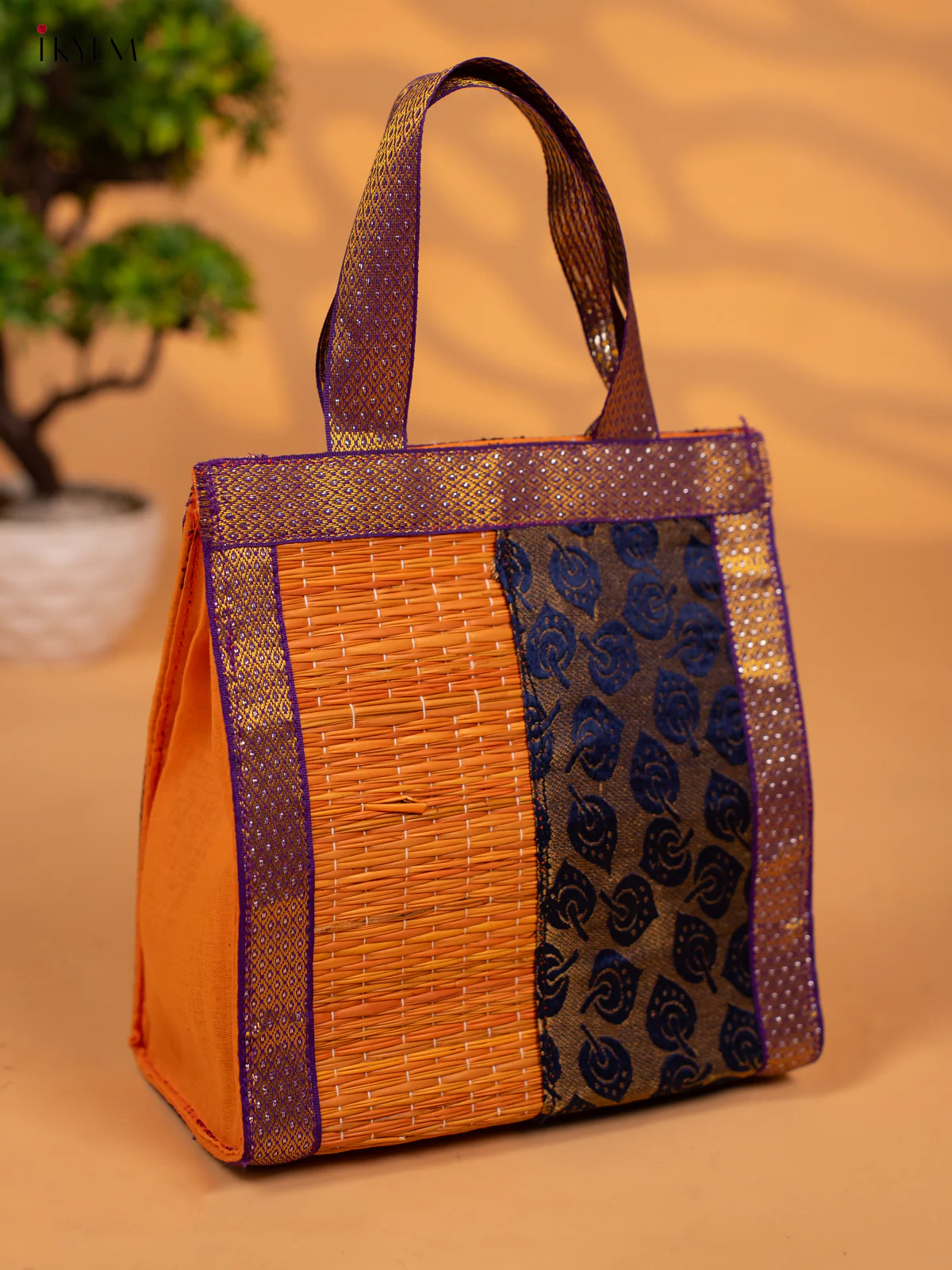 Orange & Blue Korai Handbag With Zari Borders - KB17170 - Image 2