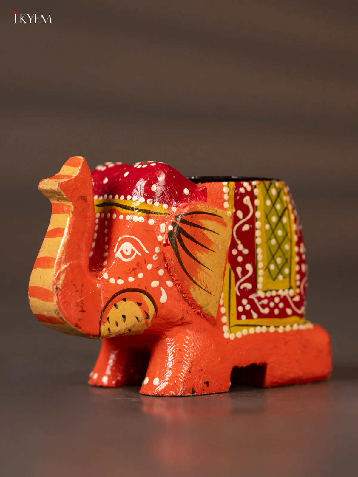 Rich Orange & Maroon Hand Painted Wooden Elephant Shaped Candle Holder - KH02118