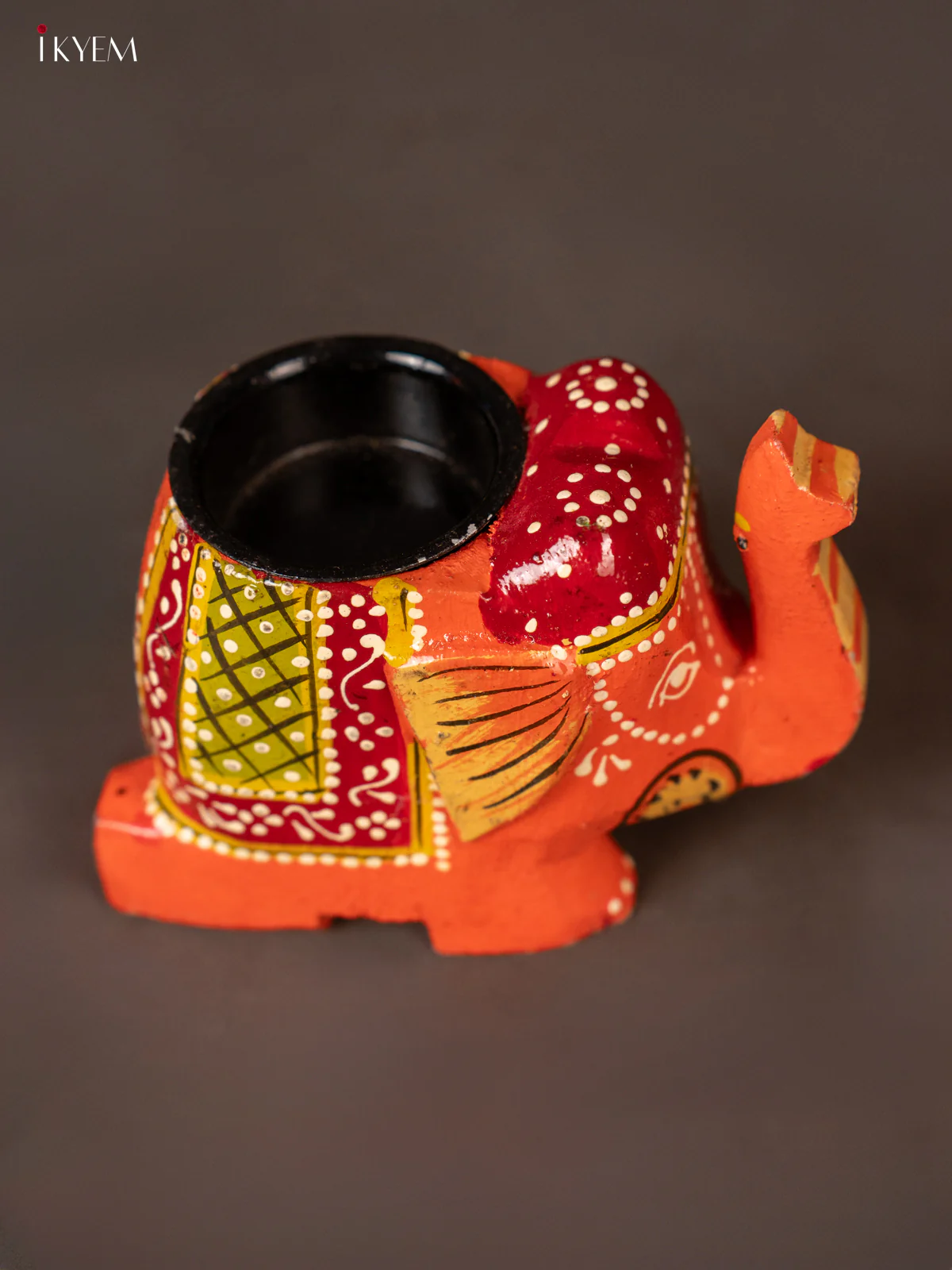 Rich Orange & Maroon Hand Painted Wooden Elephant Shaped Candle Holder - KH02118 - Image 2