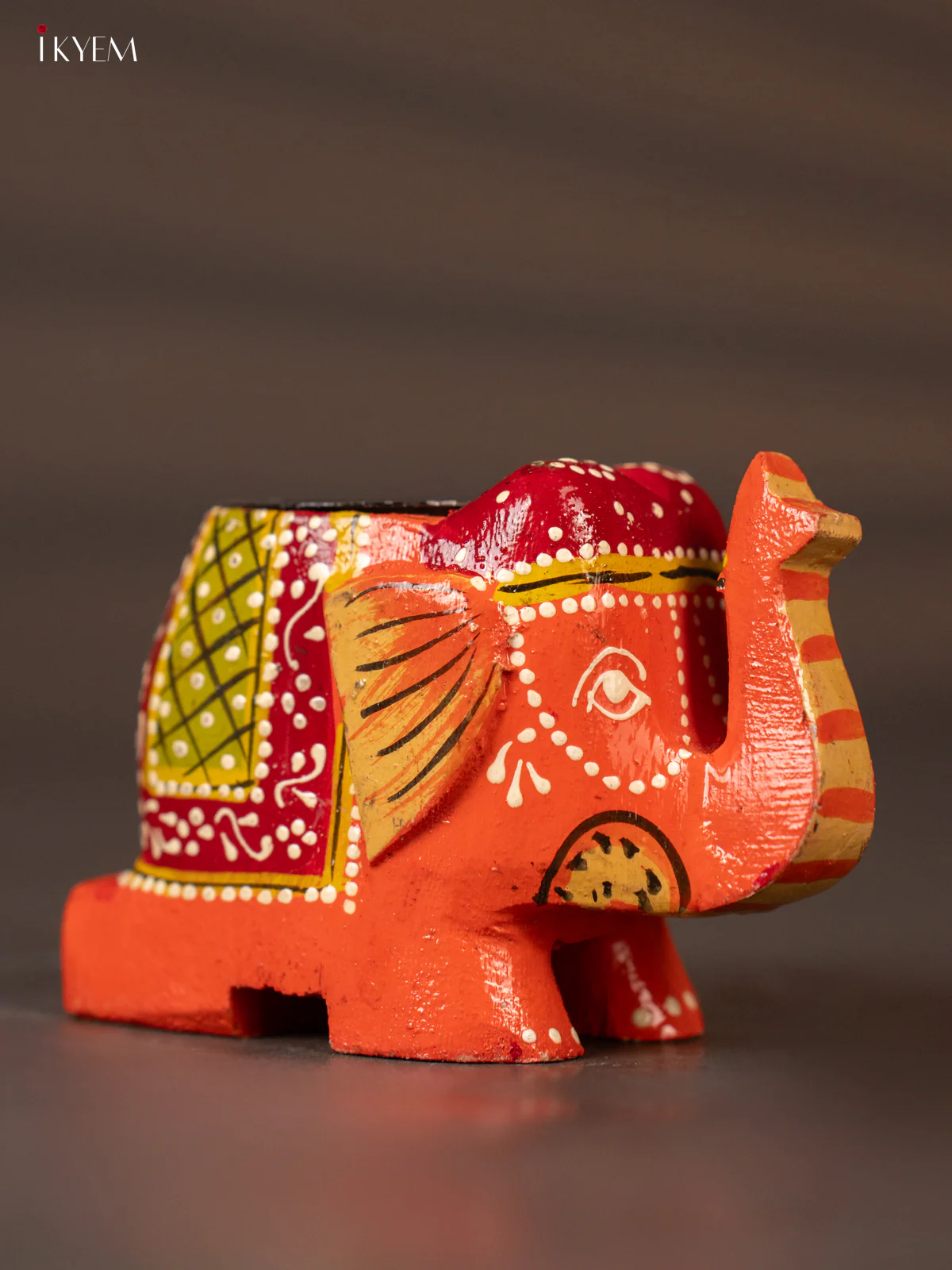 Rich Orange & Maroon Hand Painted Wooden Elephant Shaped Candle Holder - KH02118 - Image 3