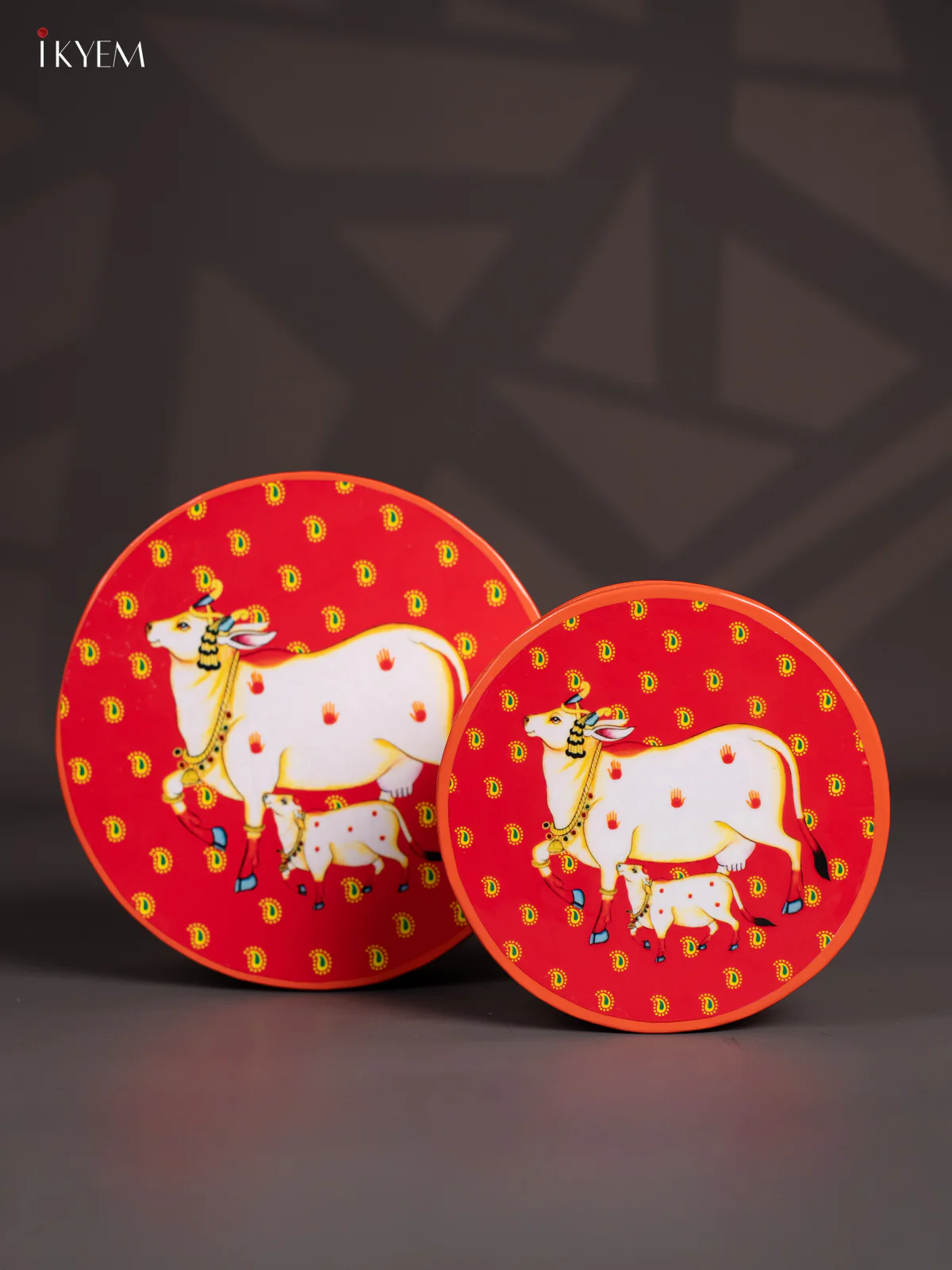 Pichwai Cow & Calf Printed Metal Storage Box Set of 2 - (8x8) Inch - KI15142