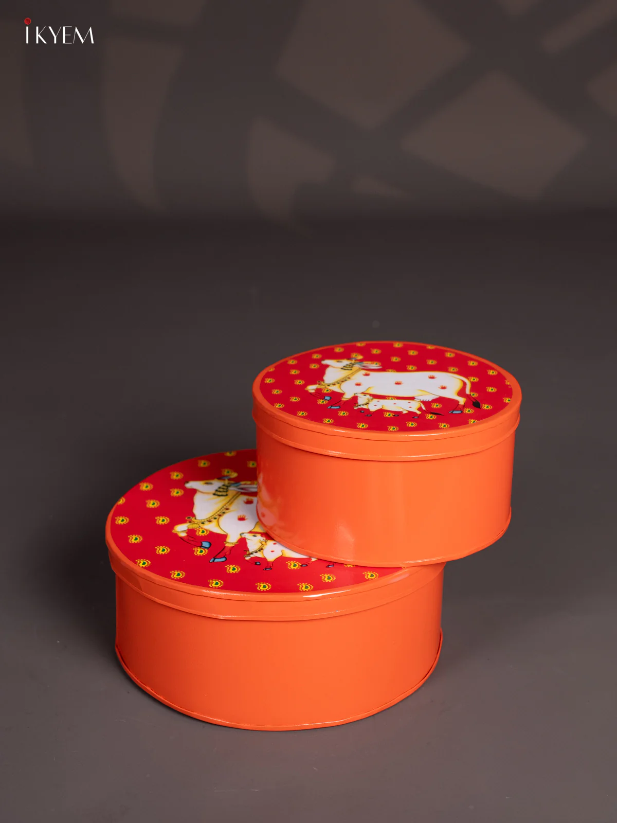 Pichwai Cow & Calf Printed Metal Storage Box Set of 2 - (8x8) Inch - KI15142 - Image 2