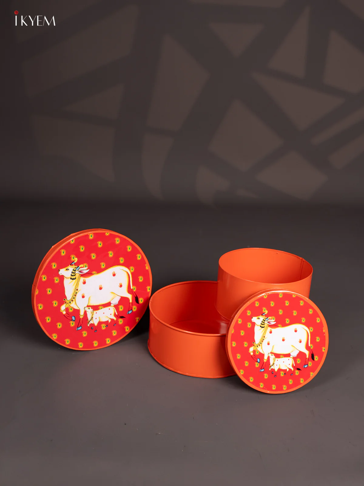 Pichwai Cow & Calf Printed Metal Storage Box Set of 2 - (8x8) Inch - KI15142 - Image 3
