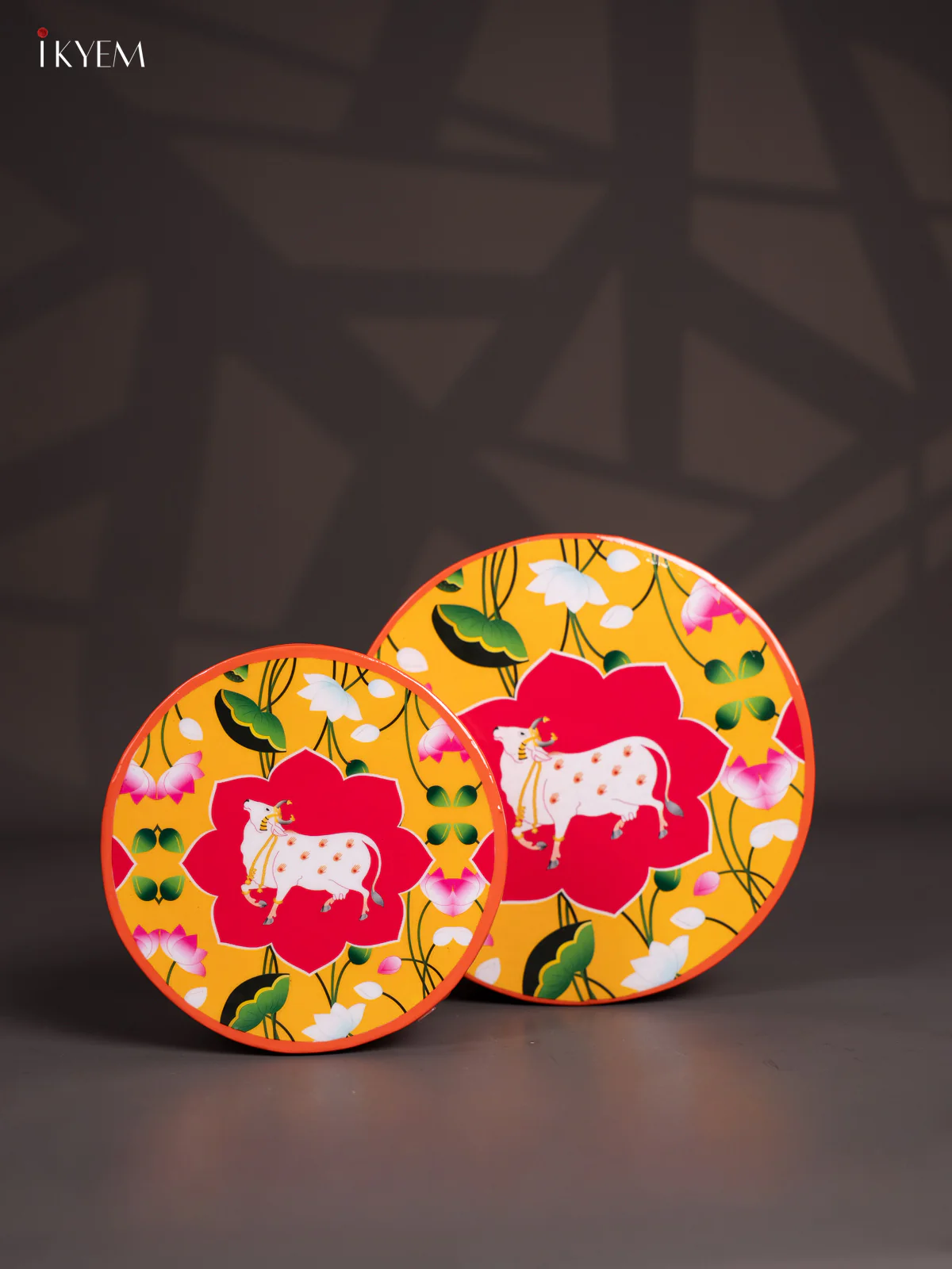 Orange & Yellow Pichwai Cow Printed Metal Storage Box - (8x8) Inches - KI15141