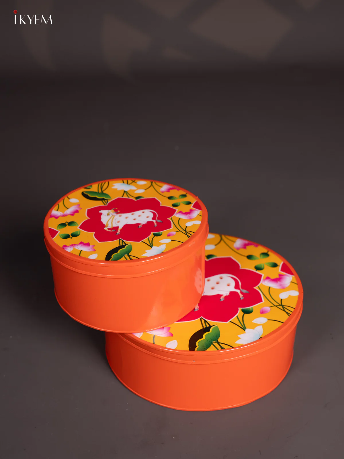 Orange & Yellow Pichwai Cow Printed Metal Storage Box - (8x8) Inches - KI15141 - Image 2