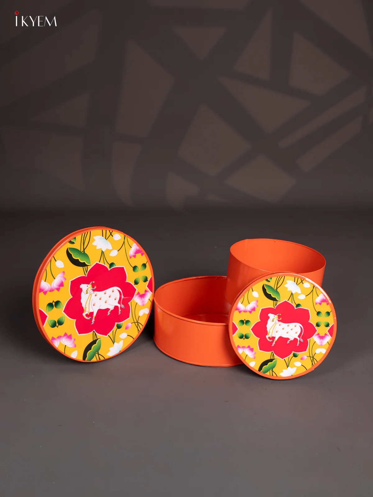 Orange & Yellow Pichwai Cow Printed Metal Storage Box - (8x8) Inches - KI15141 - Image 3