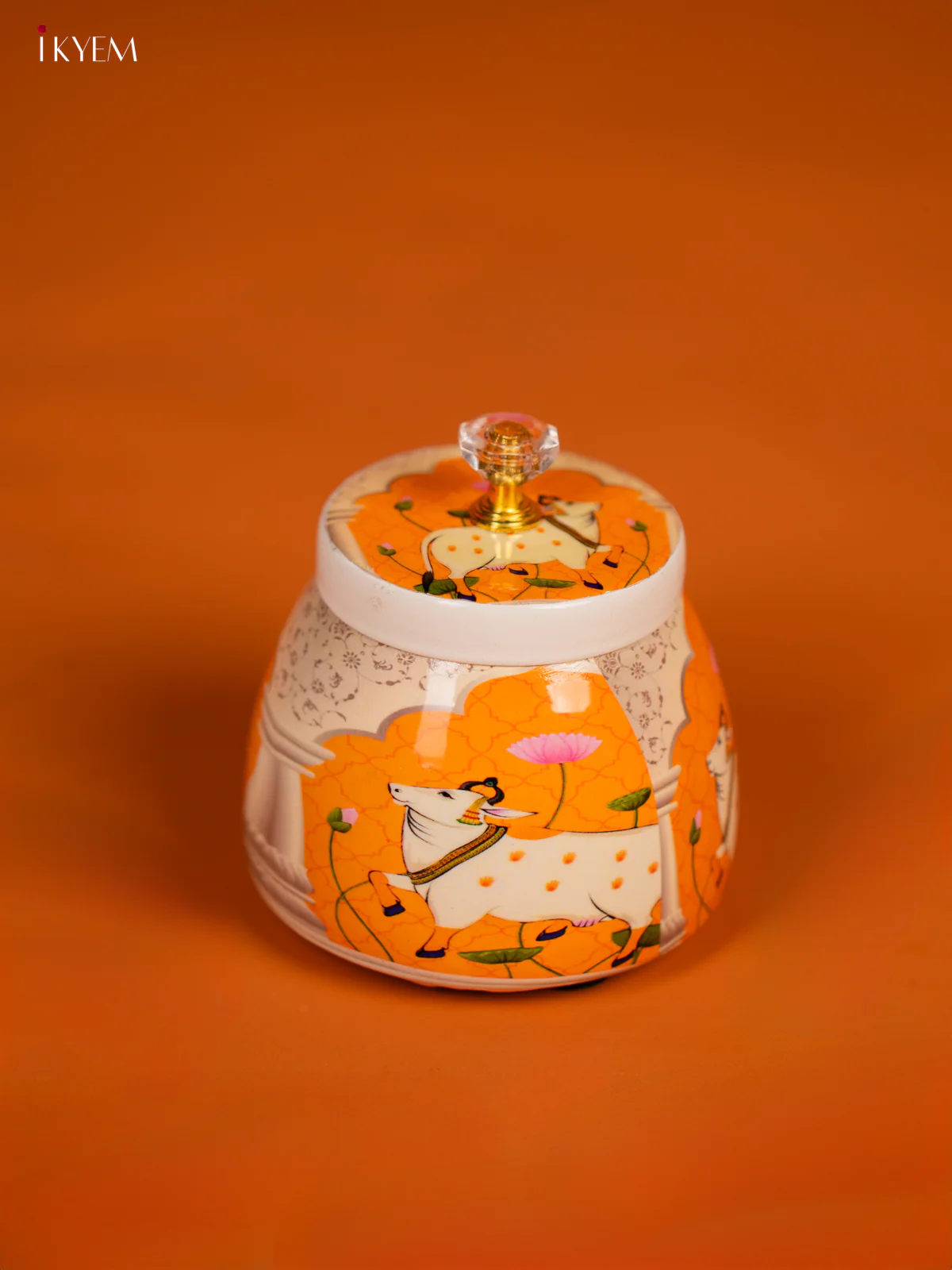 Pichwai Cow Printed Orange Dry Fruits Jar - KF30120