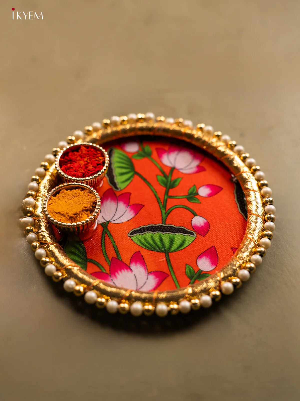 Cute Pichwai Style Lotus Printed Orange Plate with Haldi Kumkum Holder - KG31114 - Image 2