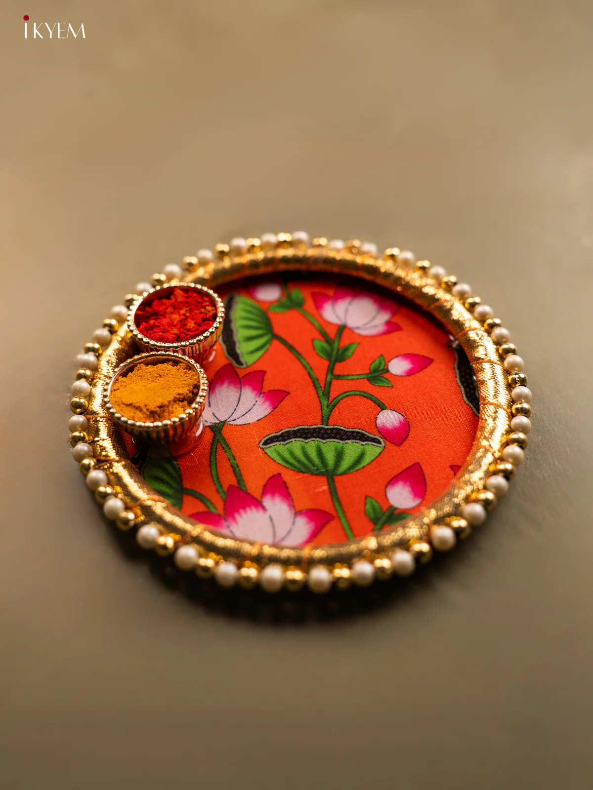 Cute Pichwai Style Lotus Printed Orange Plate with Haldi Kumkum Holder - KG31114 - Image 3