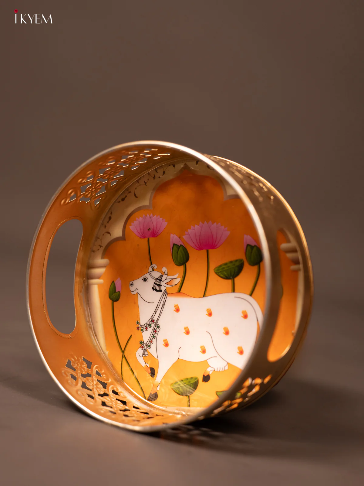 Orange Pichwai Printed Round Metal Tray With Cow & Flowers - KF19124 - Image 2