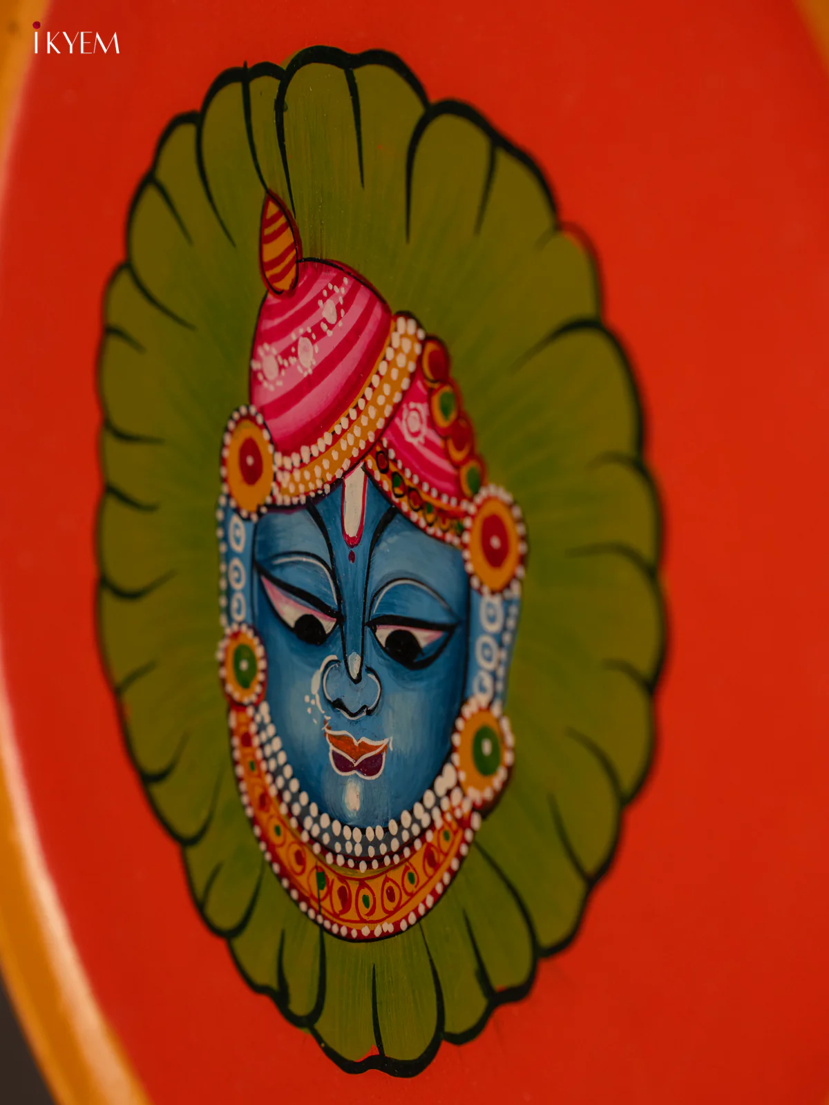 Auspicious Hand-painted Srinath ji Orange Wooden Wall Plate - KG04211 - Image 3