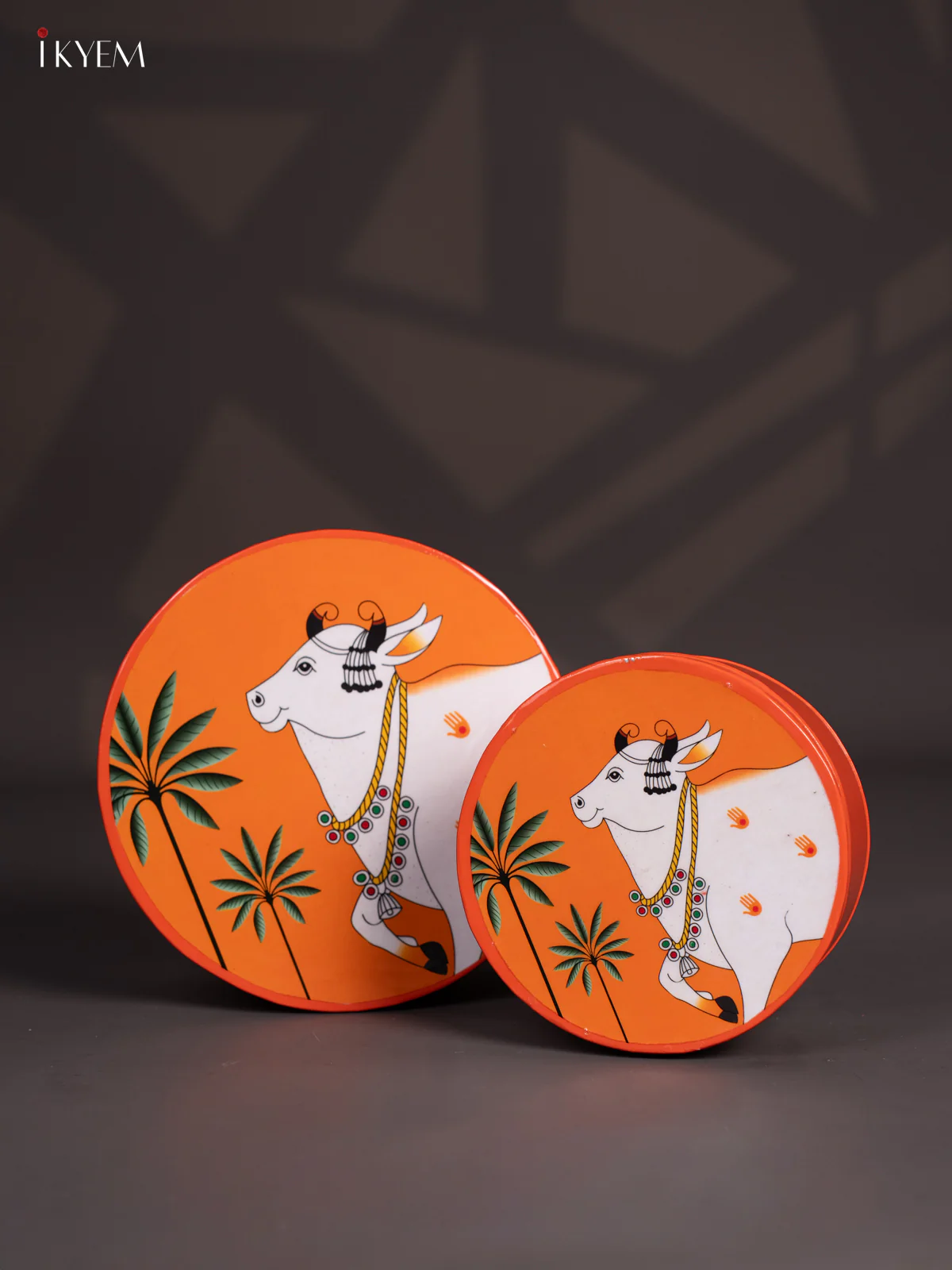 Pichwai Cow Digital Printed Metal Storage Box Set Of 2 - Orange - (8x8) Inches - KI15140