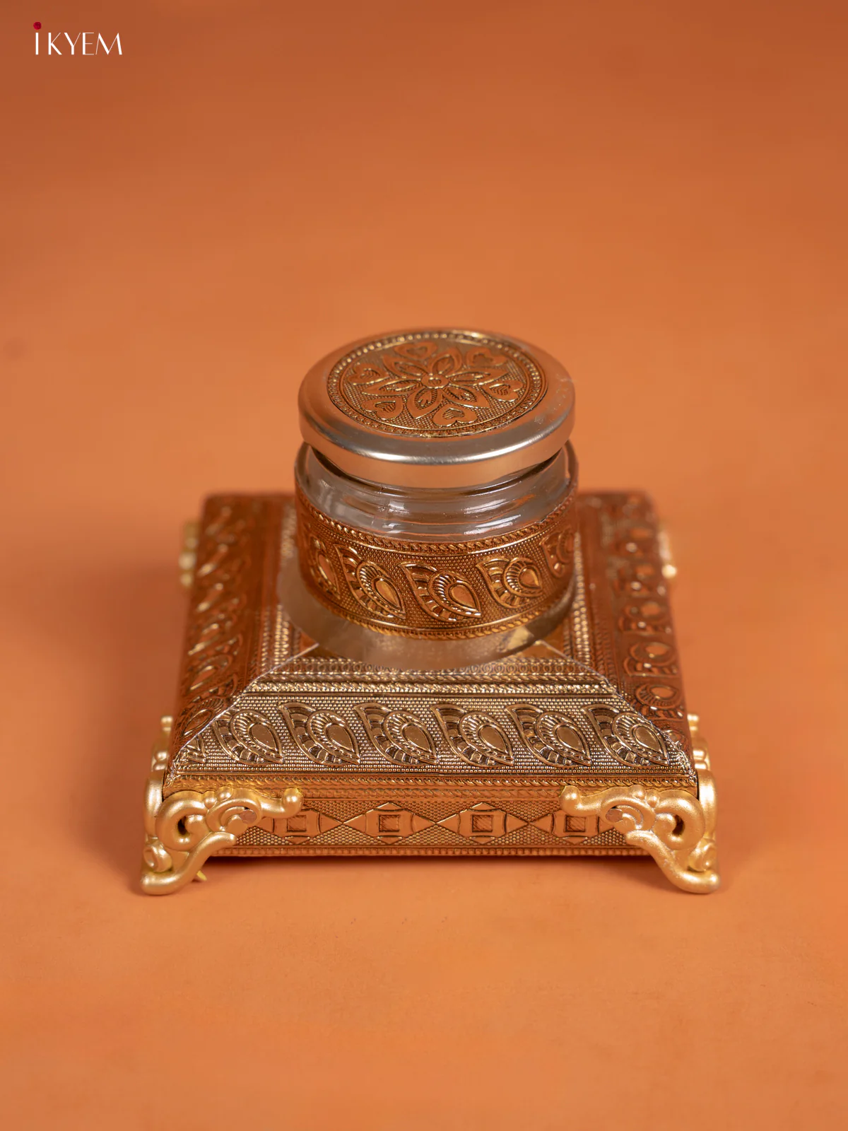 Luxury Gold Oxidised Decorative Tray Set with Embossed Jar - KD30127 - Image 2