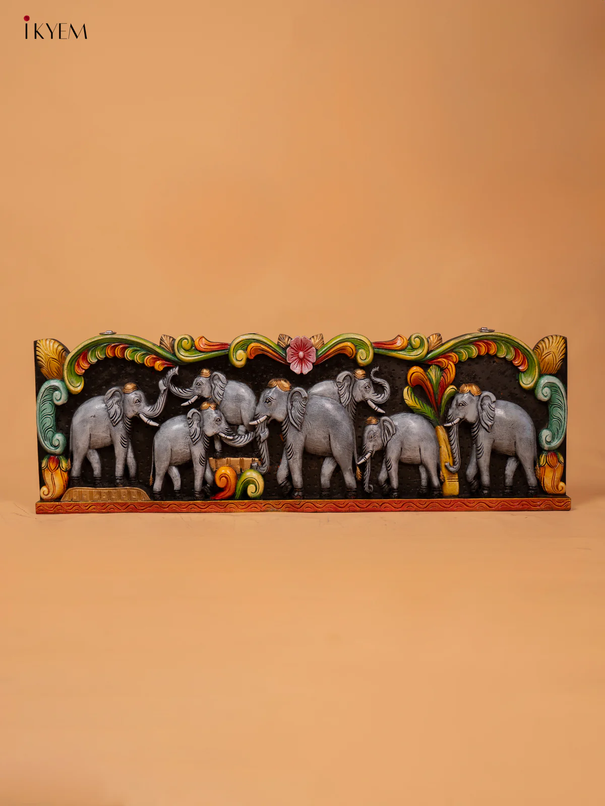 Painted Elephants Hand Carved Wooden Panel - KD18127