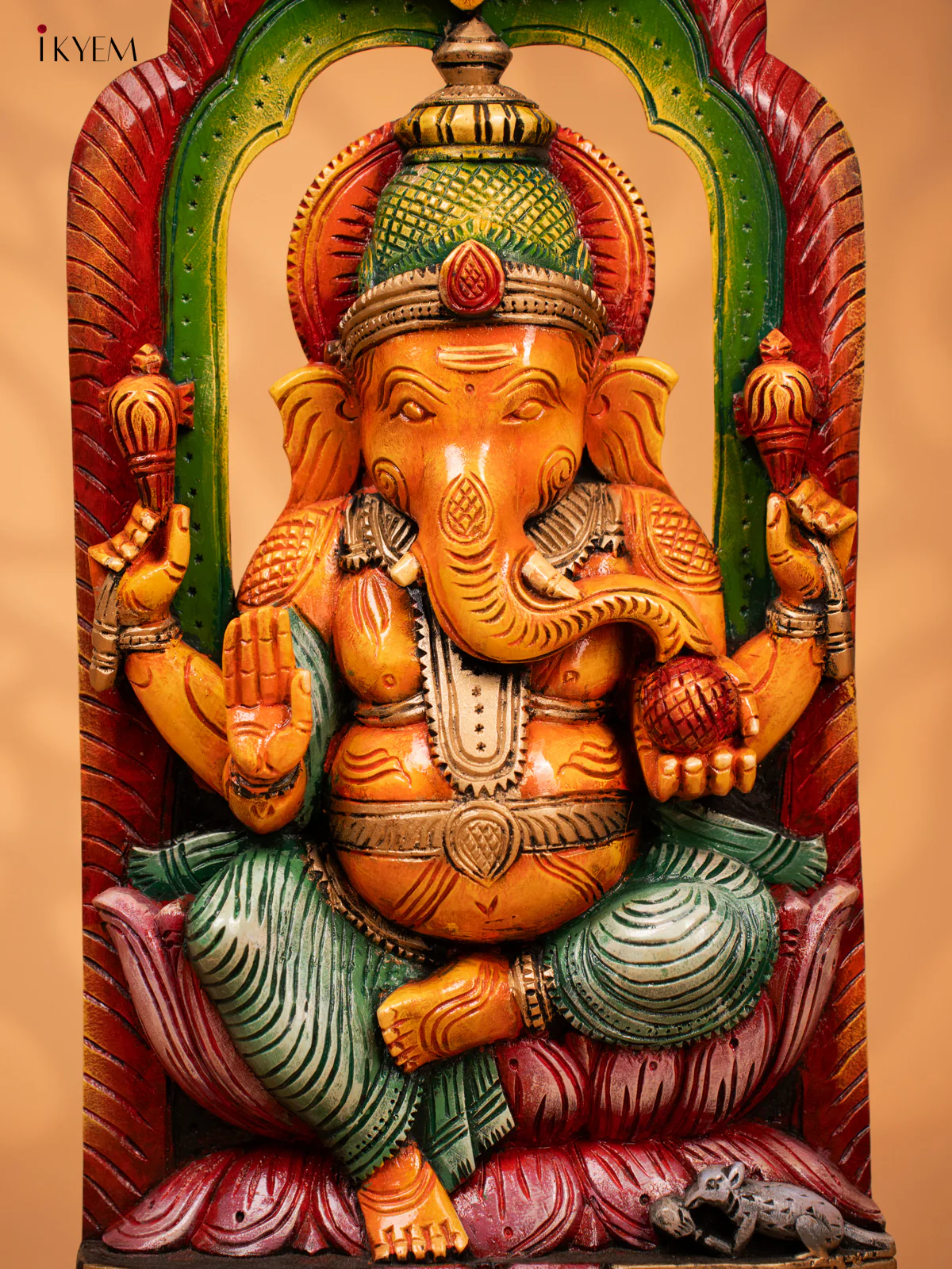 Beautifully Painted Hand Carved Wooden Wall Panel Of Ganesha - KD18114 - Image 2