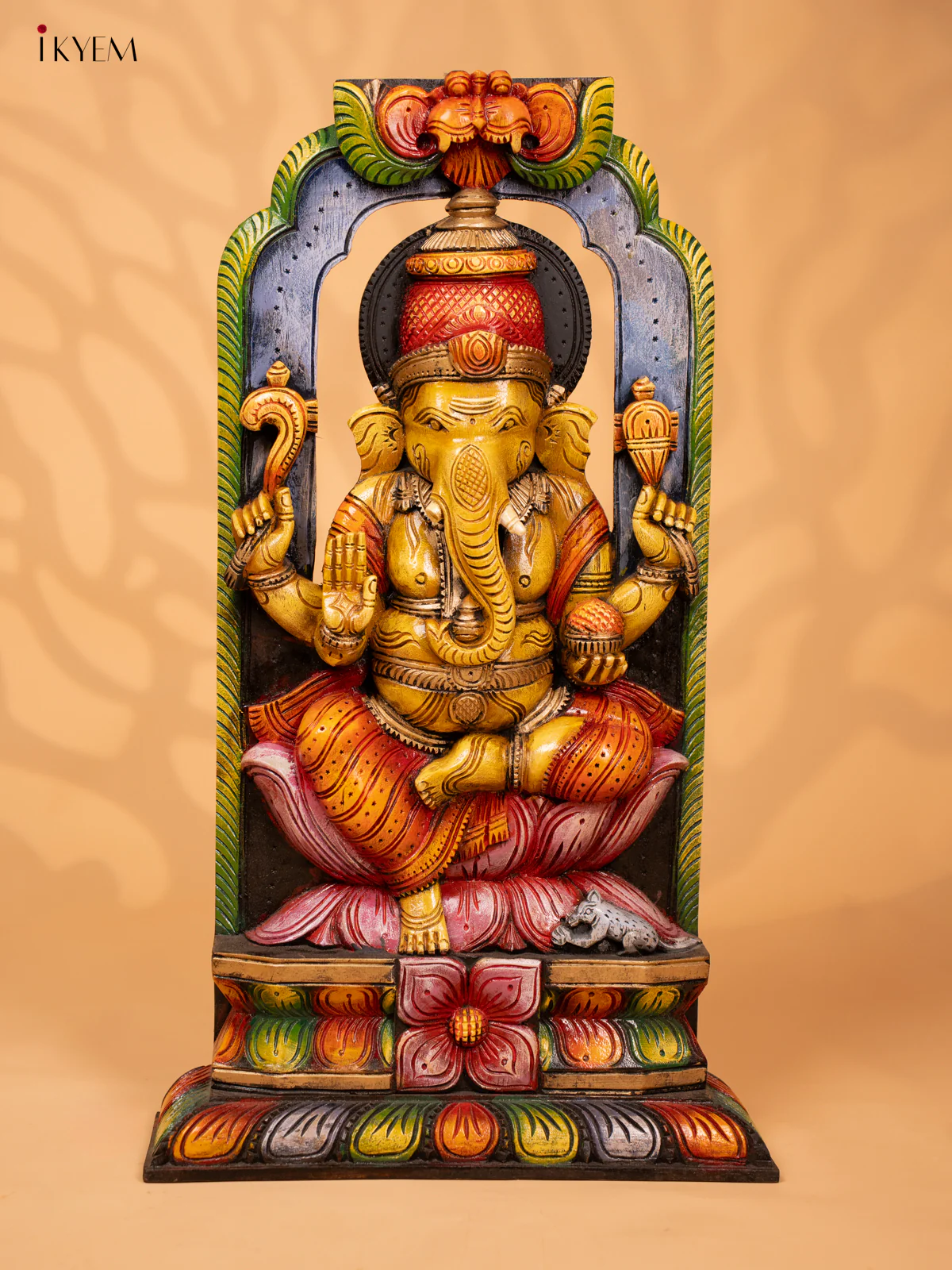 Painted Ganesha Hand Carved Wooden Wall Panel - KD18134