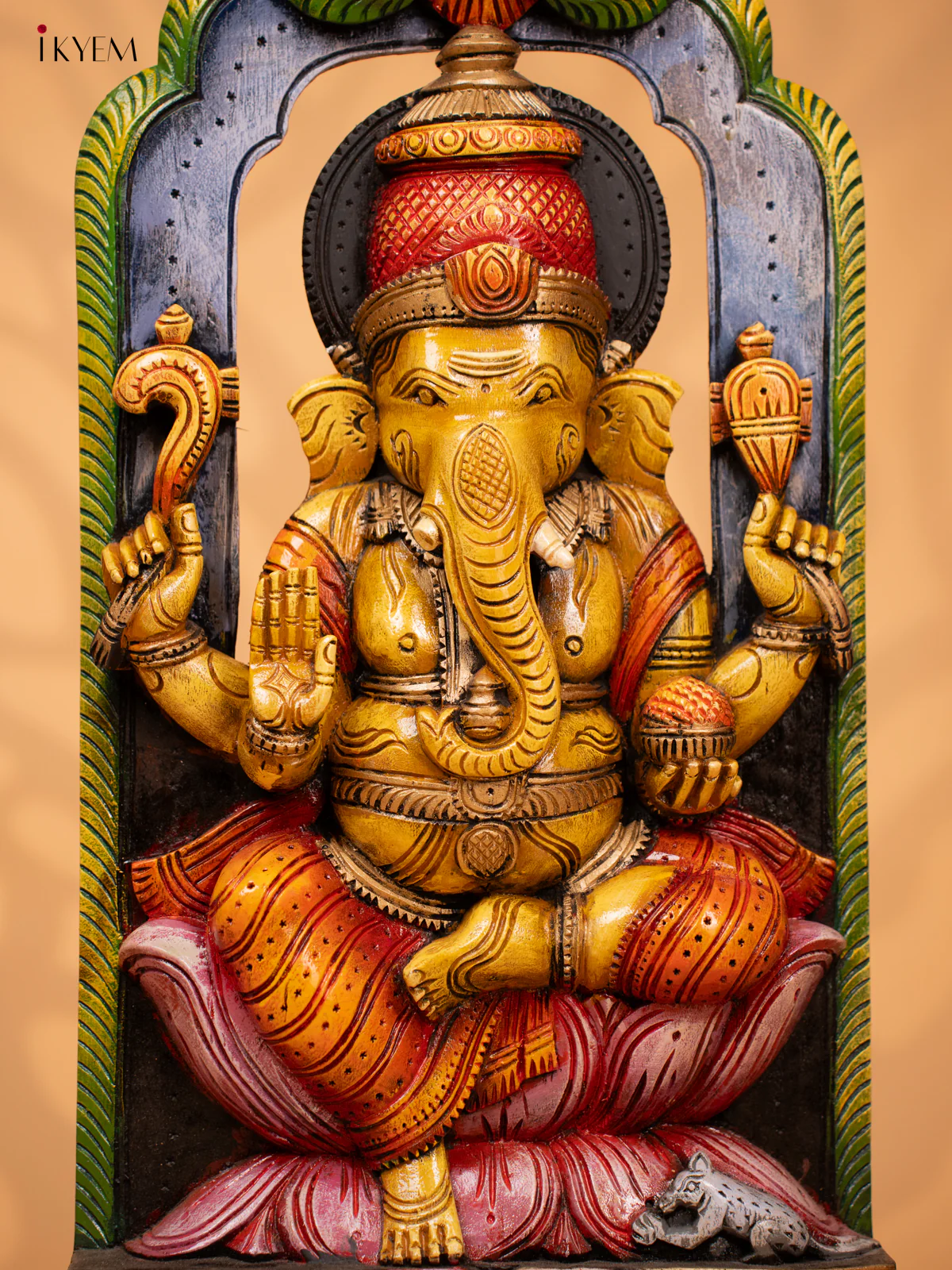 Painted Ganesha Hand Carved Wooden Wall Panel - KD18134 - Image 2