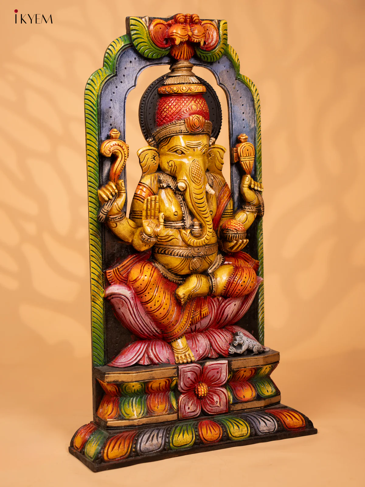 Painted Ganesha Hand Carved Wooden Wall Panel - KD18134 - Image 3