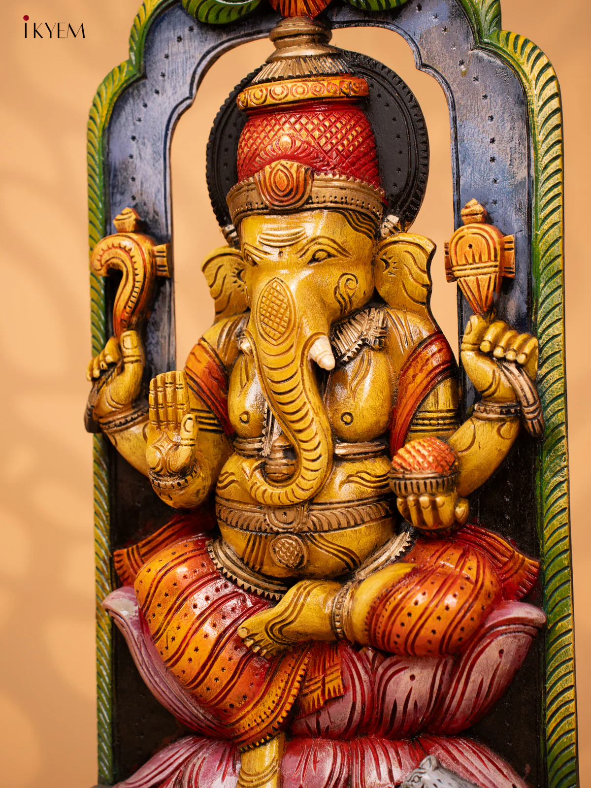 Painted Ganesha Hand Carved Wooden Wall Panel - KD18134 - Image 5