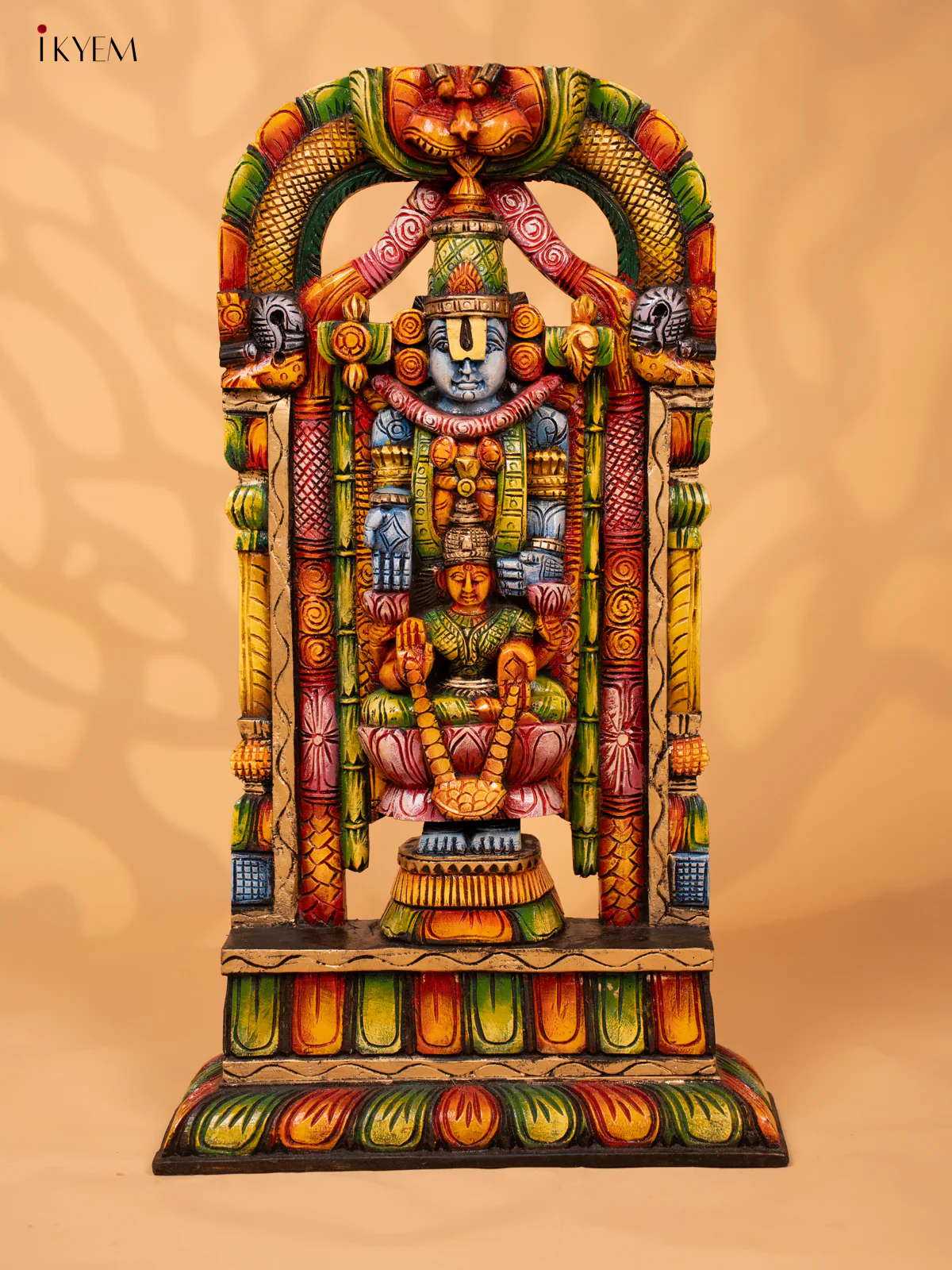 Hand Carved Painted Balaji & Lakshmi Wooden Wall Panel - KD18132