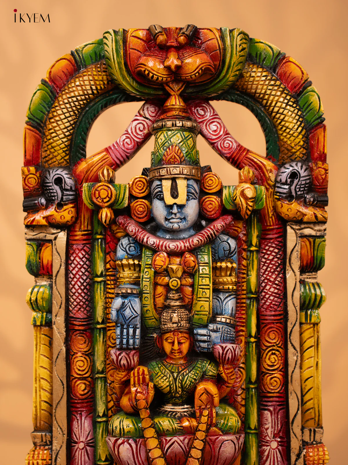 Hand Carved Painted Balaji & Lakshmi Wooden Wall Panel - KD18132 - Image 3