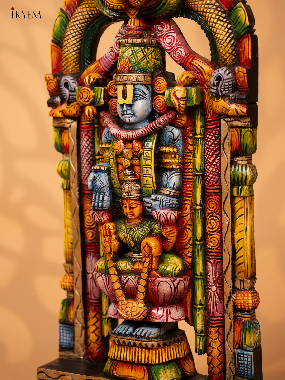 Hand Carved Painted Balaji & Lakshmi Wooden Wall Panel - KD18132 - Image 6