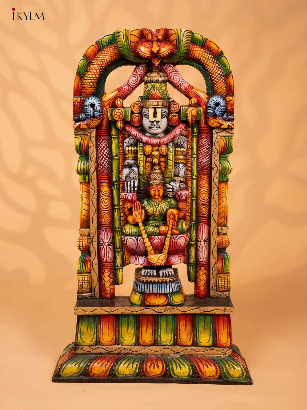 Hand Carved Painted Balaji & Lakshmi Wooden Wall Panel - KD18133