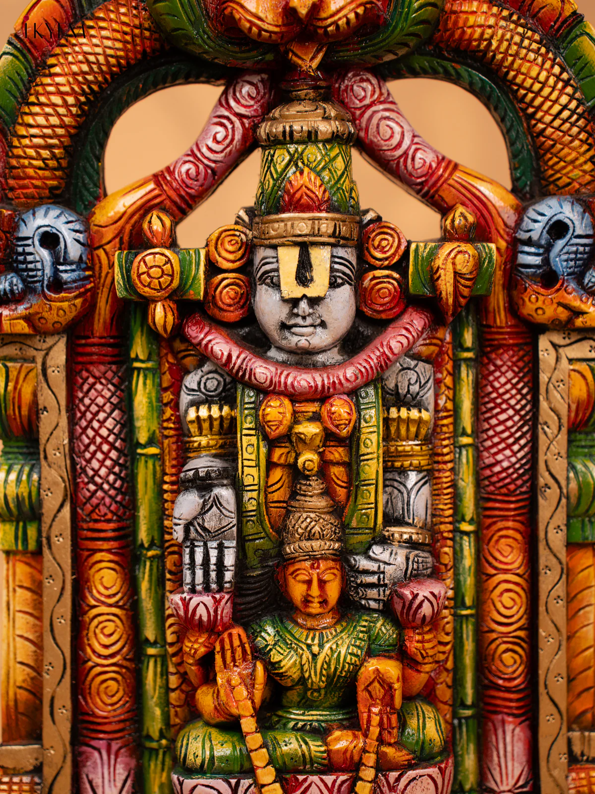 Hand Carved Painted Balaji & Lakshmi Wooden Wall Panel - KD18133 - Image 2