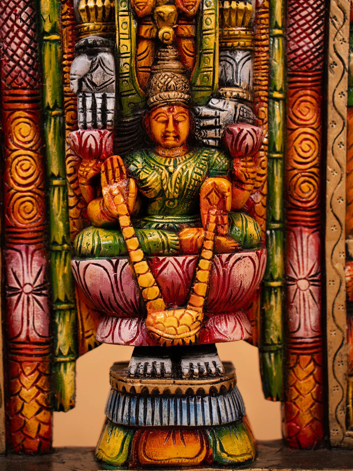 Hand Carved Painted Balaji & Lakshmi Wooden Wall Panel - KD18133 - Image 3
