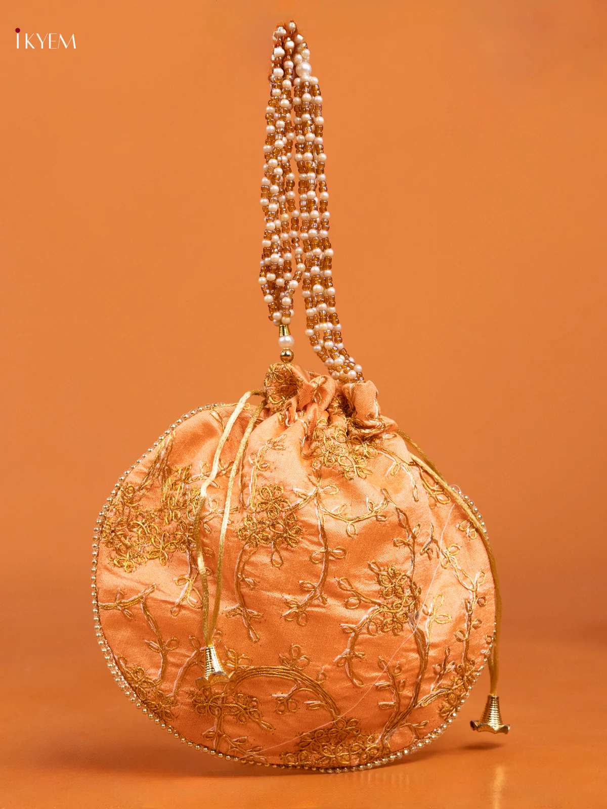 Peach Potli Bags With Gold Zari Embroidery & Beaded Handle - KD26538