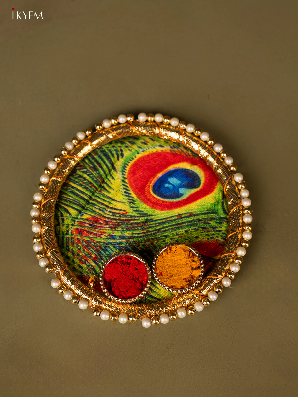 Peacock Feather Printed Plate With Haldi kumkum holder - KG31130