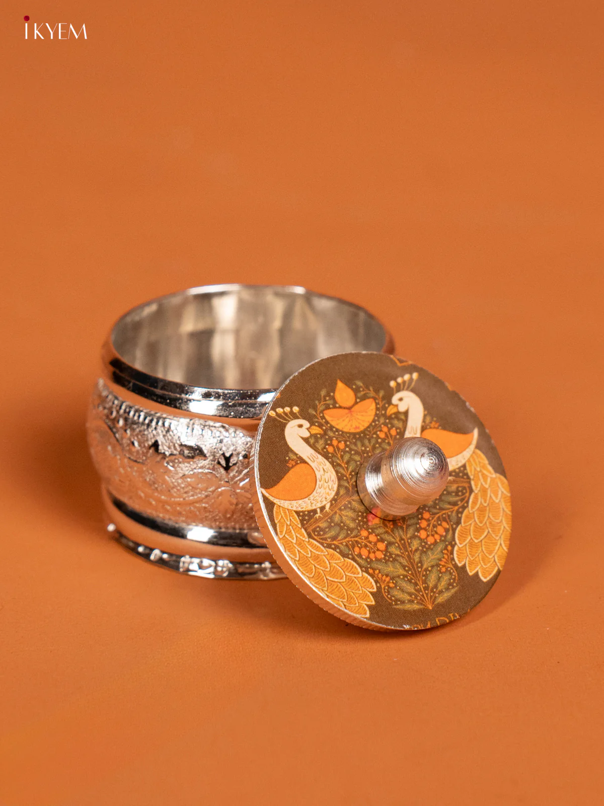 Peacock Designed German Silver Kumkum Holder - KF10234 - Image 3