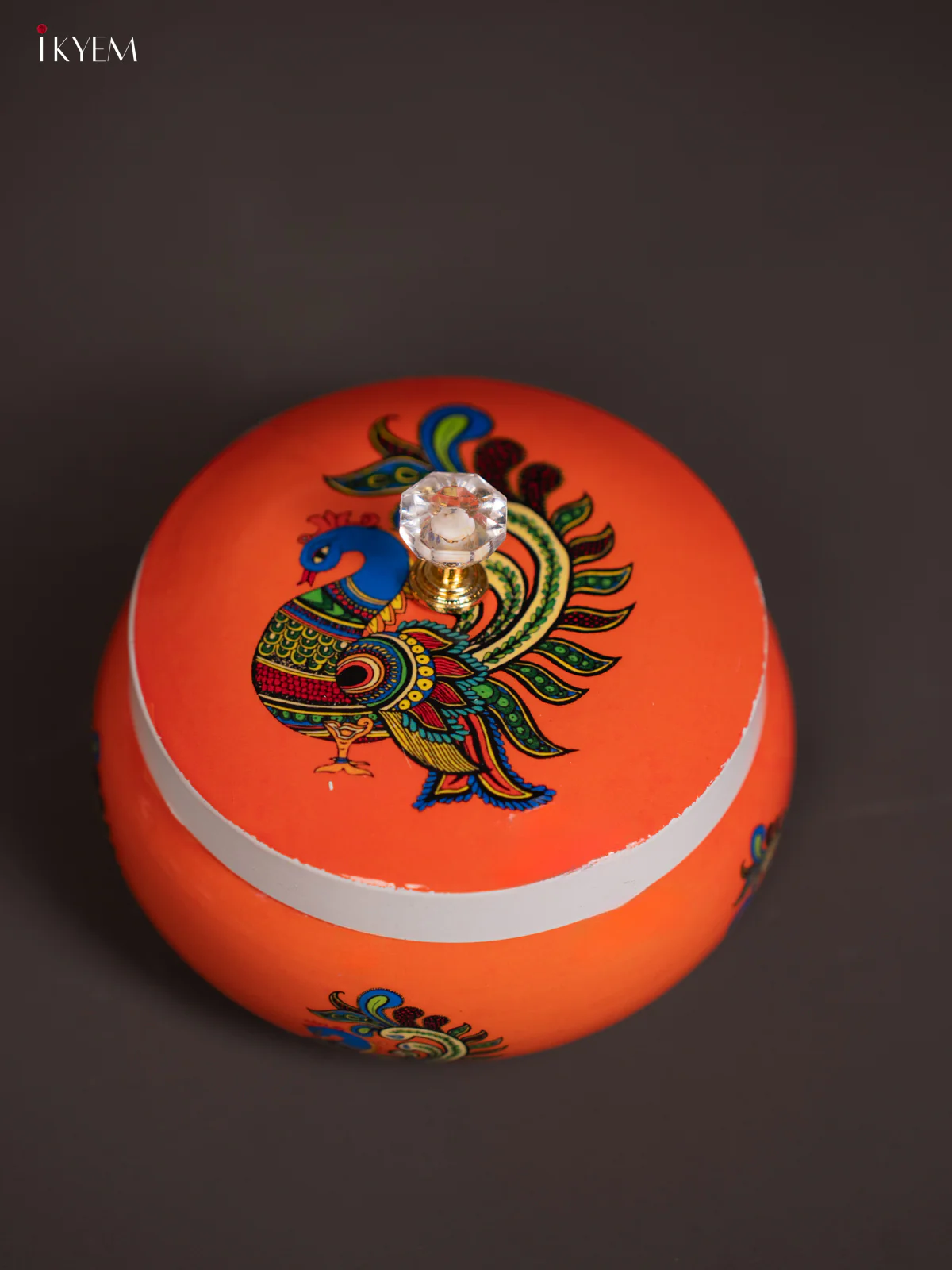 Chic Peacock Printed Orange Round Dry Fruits Box - KG25111