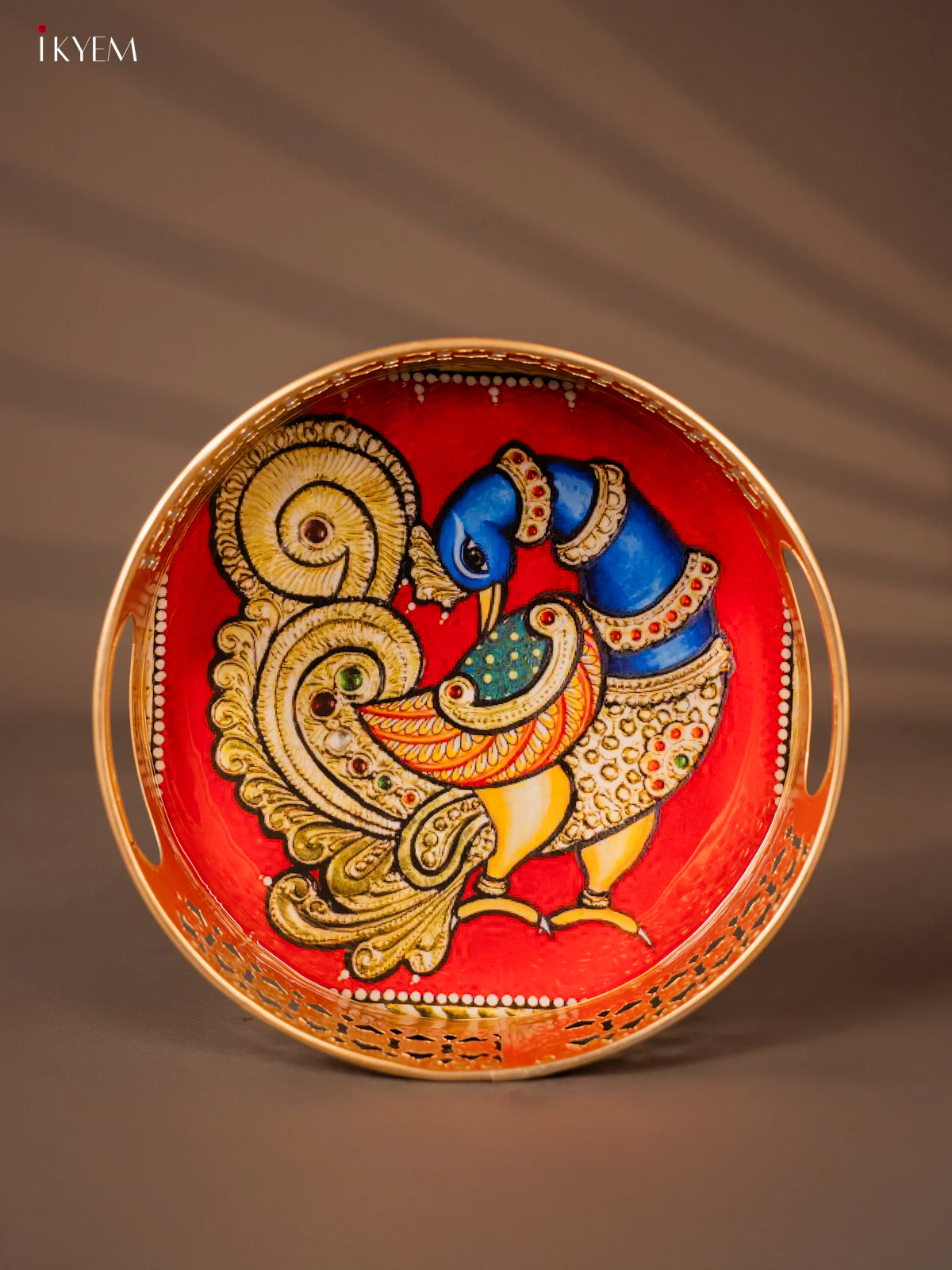 Magnificent Gold Peacock Design Round Metal Tray - KH05119