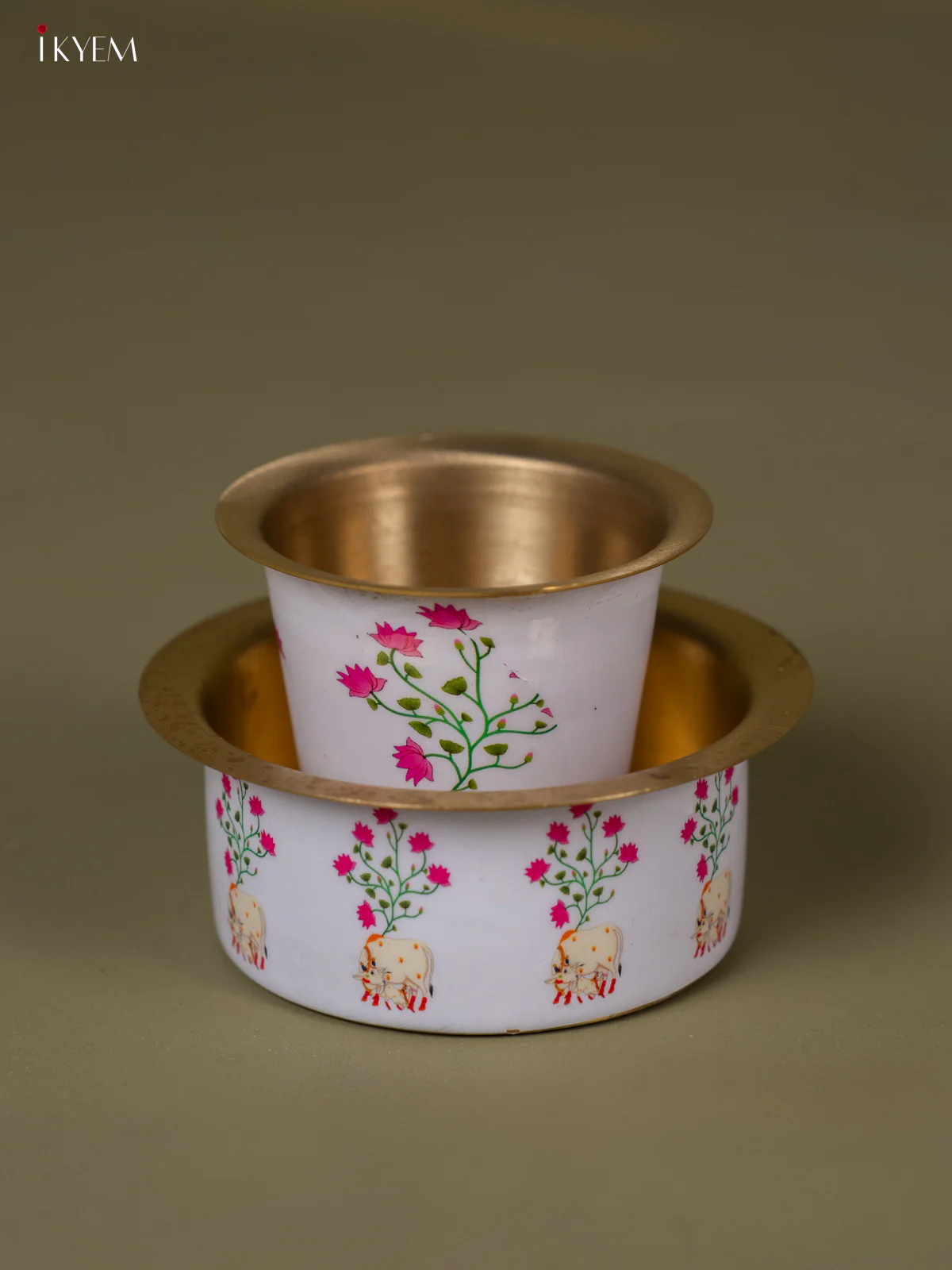 Pichwai Cow & Calf Digital Printed Brass Coffee Dabara Set - 3 Inches - KH22114