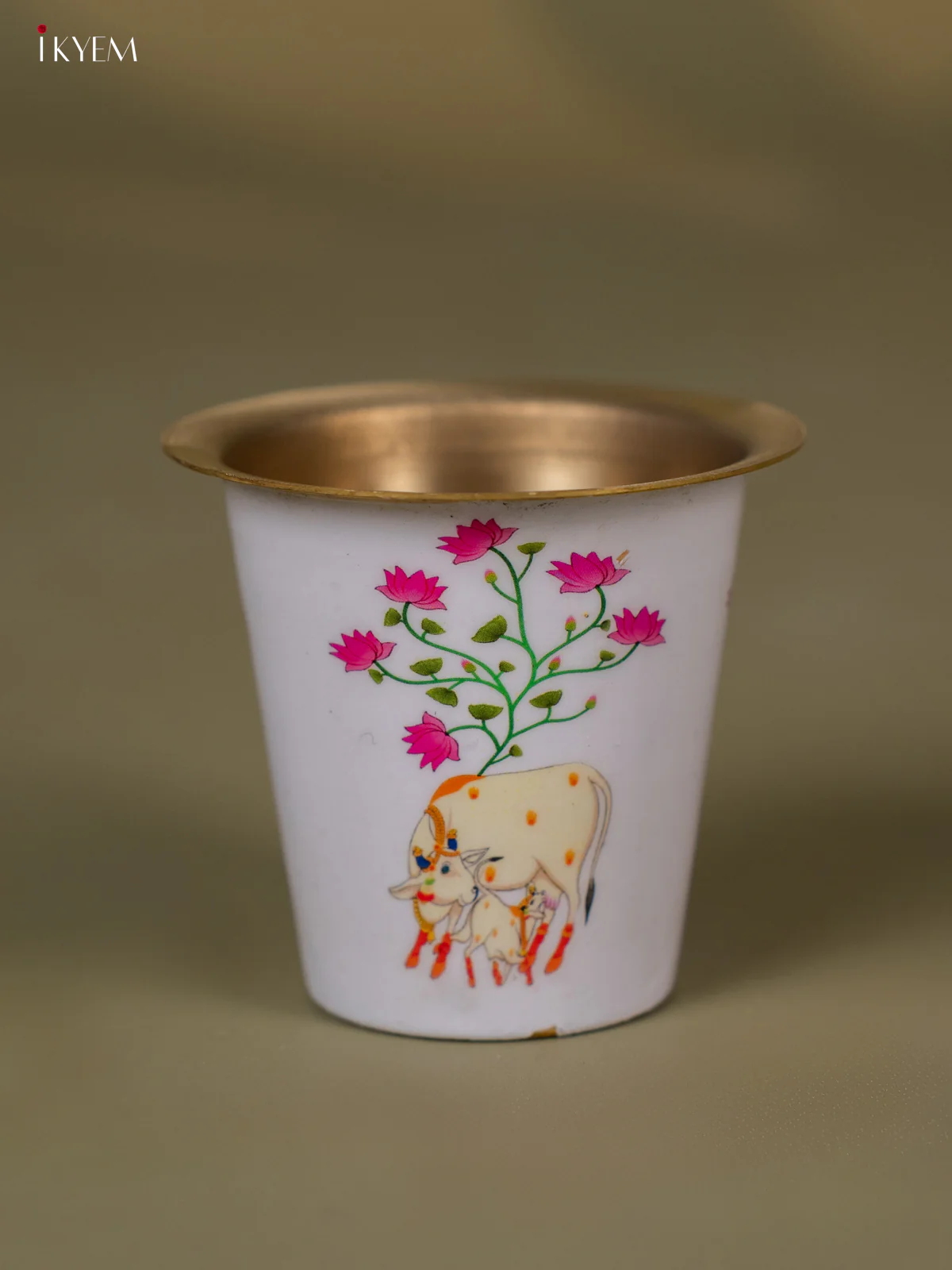 Pichwai Cow & Calf Digital Printed Brass Coffee Dabara Set - 3 Inches - KH22114 - Image 2