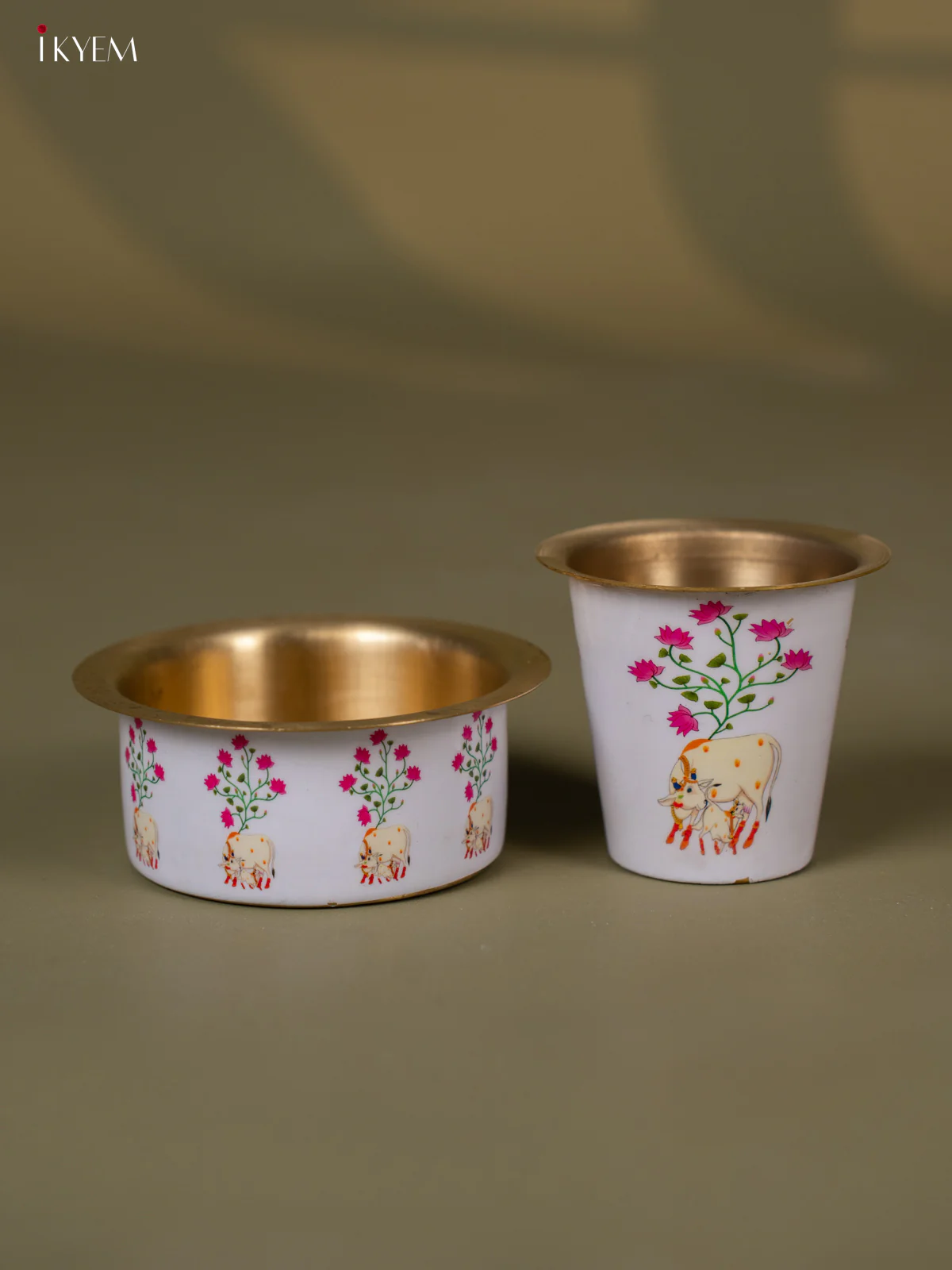 Pichwai Cow & Calf Digital Printed Brass Coffee Dabara Set - 3 Inches - KH22114 - Image 4