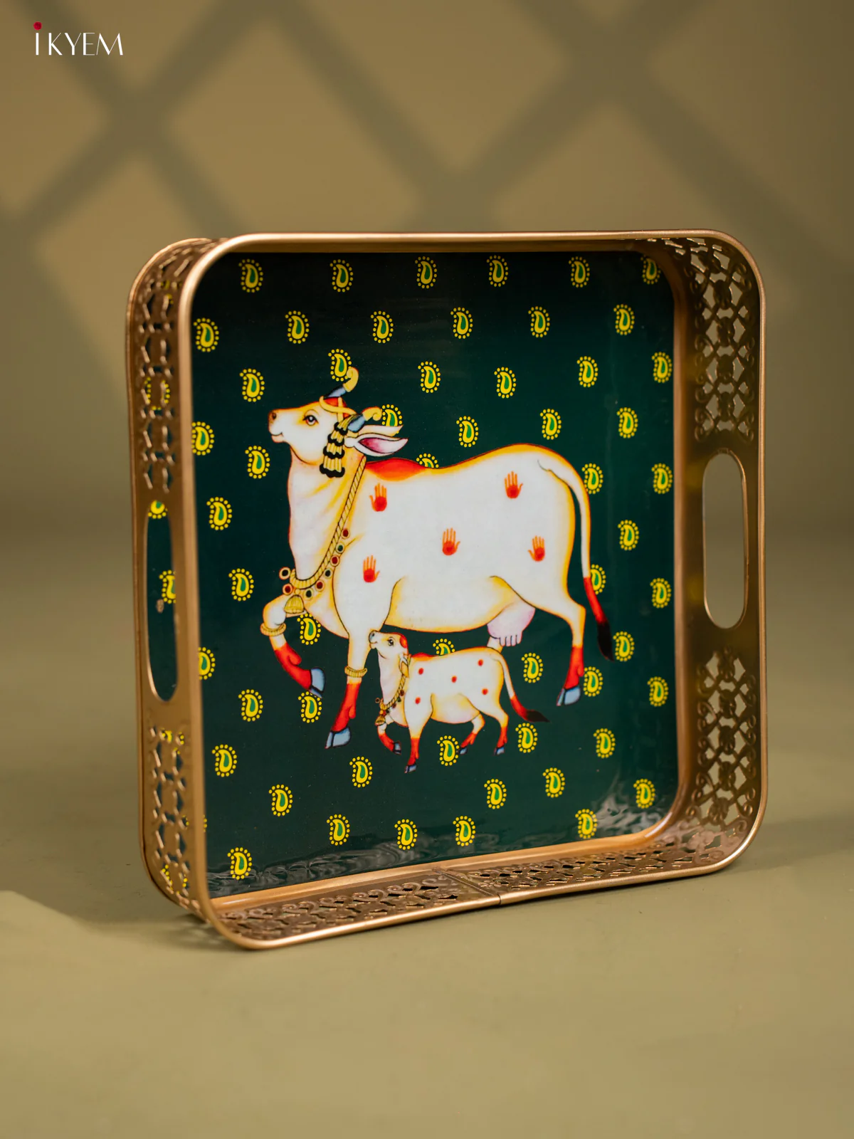 Pichwai Cow & Calf Printed Green Metal Tray - KF25115 - Image 2