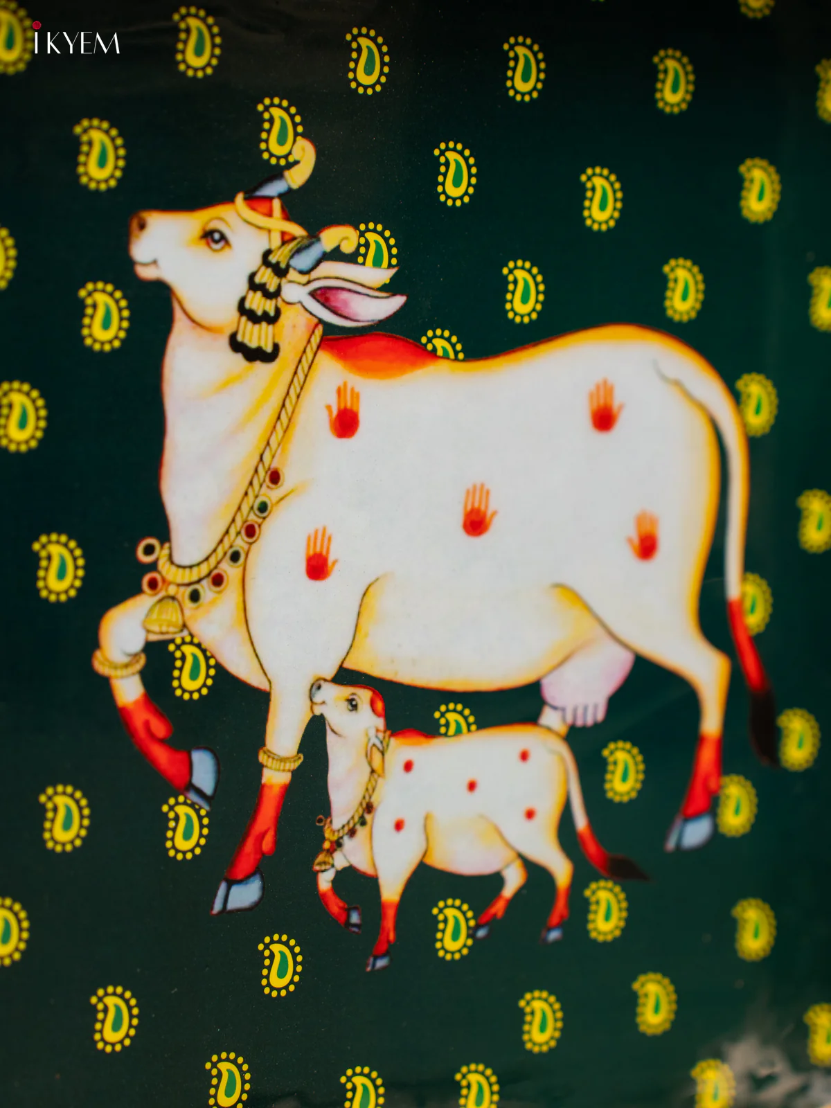 Pichwai Cow & Calf Printed Green Metal Tray - KF25115 - Image 3