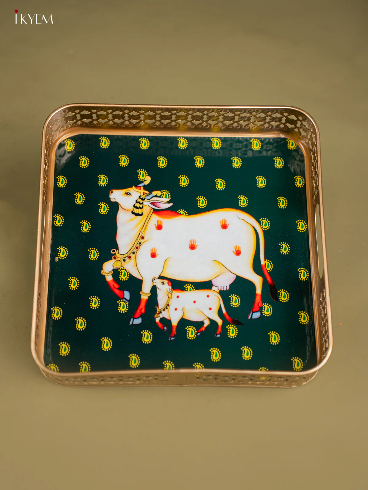 Pichwai Cow & Calf Printed Green Metal Tray - KF25115 - Image 4