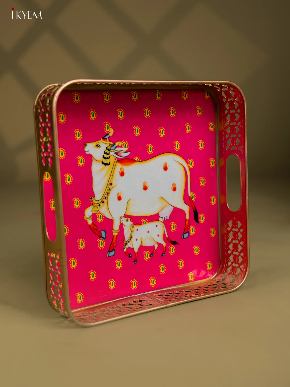 Pichwai Cow & Calf Printed Pink Metal Tray - KF25114 - Image 2