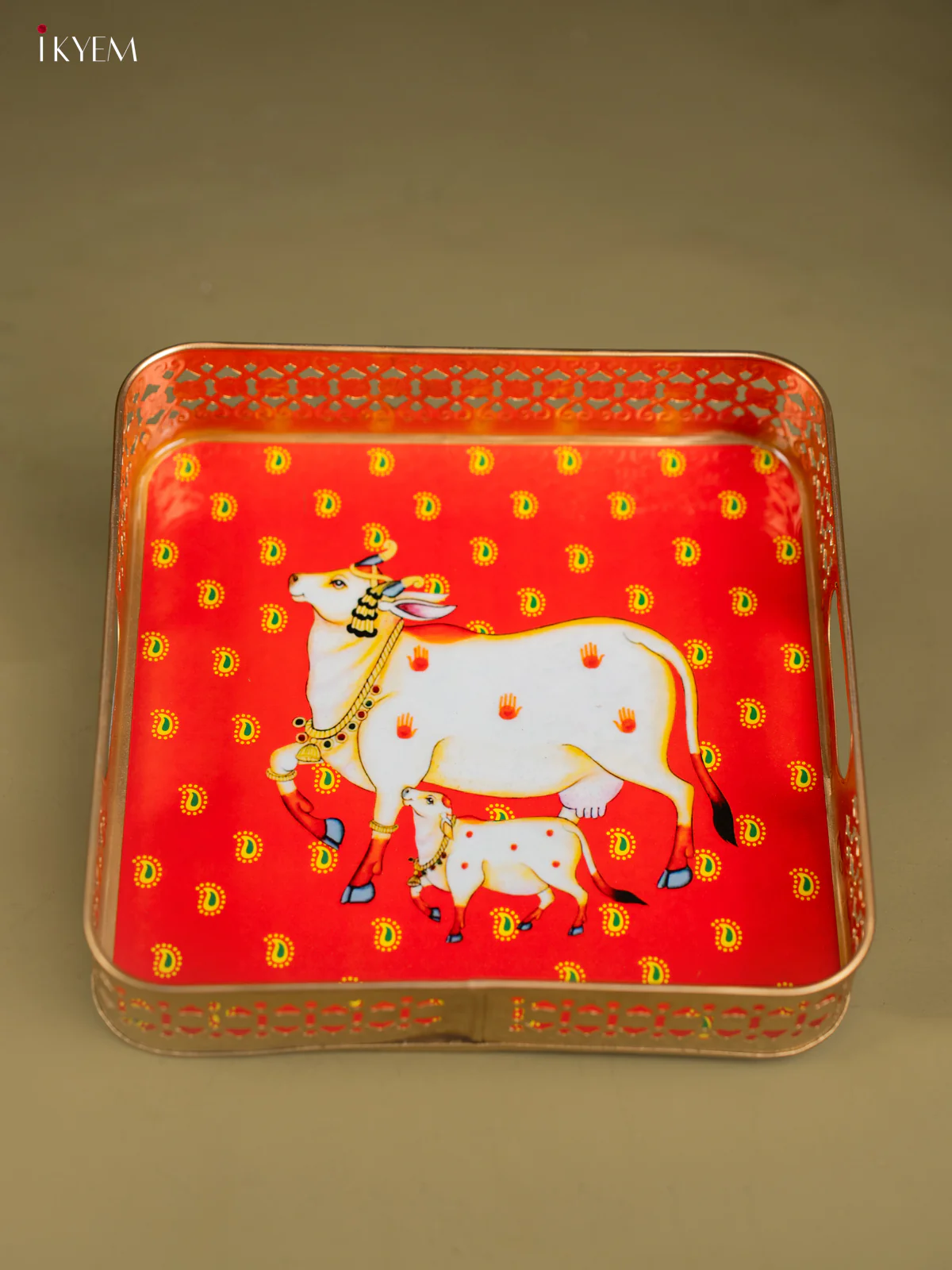 Pichwai Cow & Calf Printed Red Metal Tray - KF25113 - Image 4