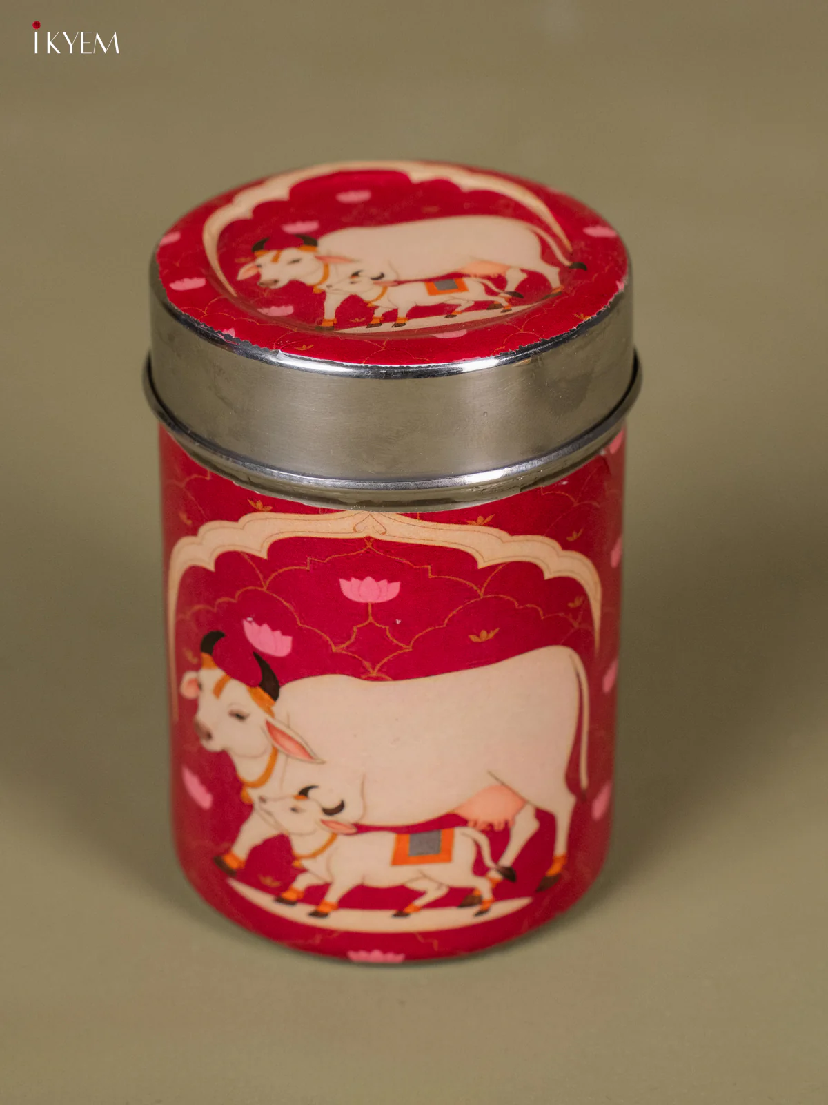 Red Stainless Steel Box With Pichwai Cow & Calf Print - KH12116