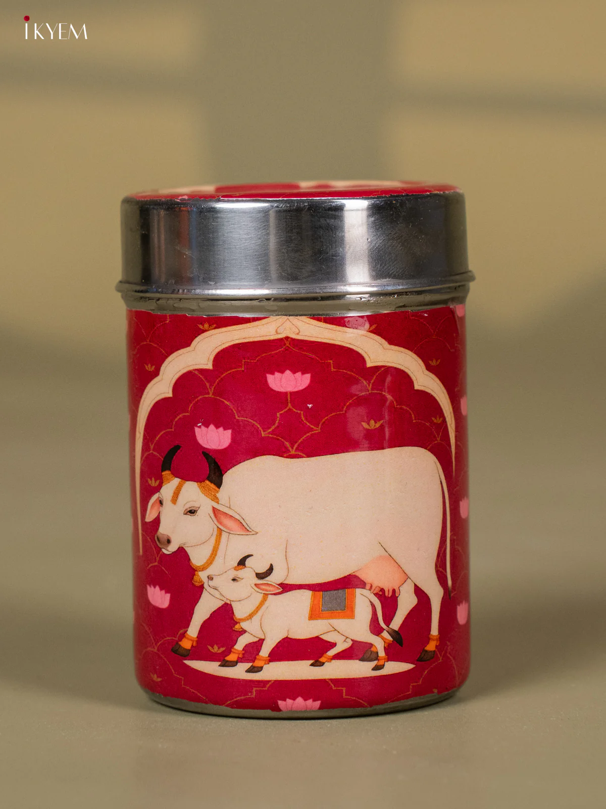 Red Stainless Steel Box With Pichwai Cow & Calf Print - KH12116 - Image 2