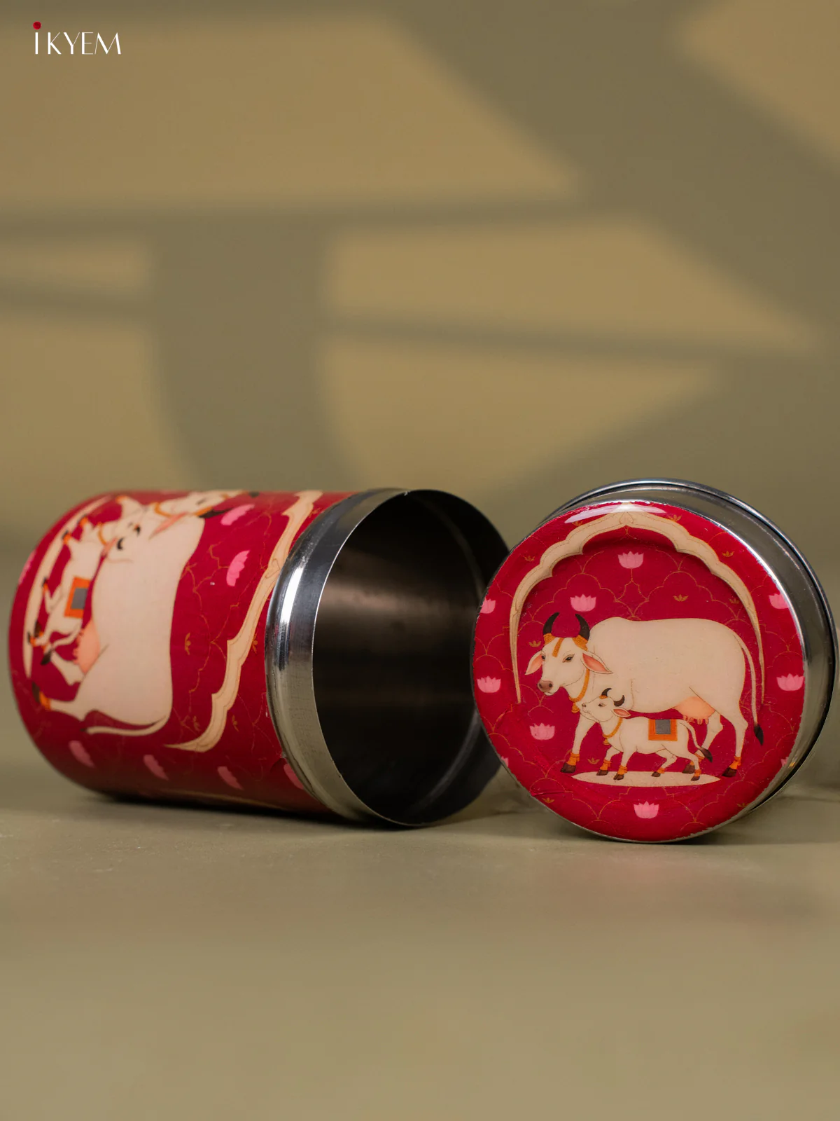 Red Stainless Steel Box With Pichwai Cow & Calf Print - KH12116 - Image 4