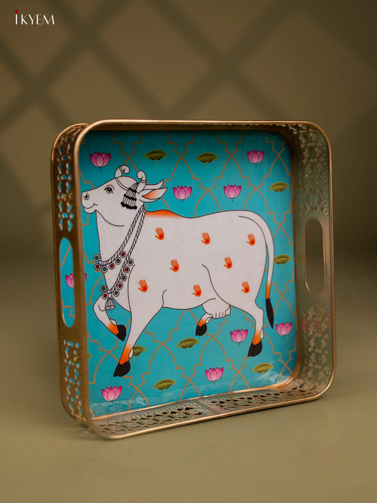 Pichwai Cow Printed Blue Colour Square Metal Tray - KF25111 - Image 2