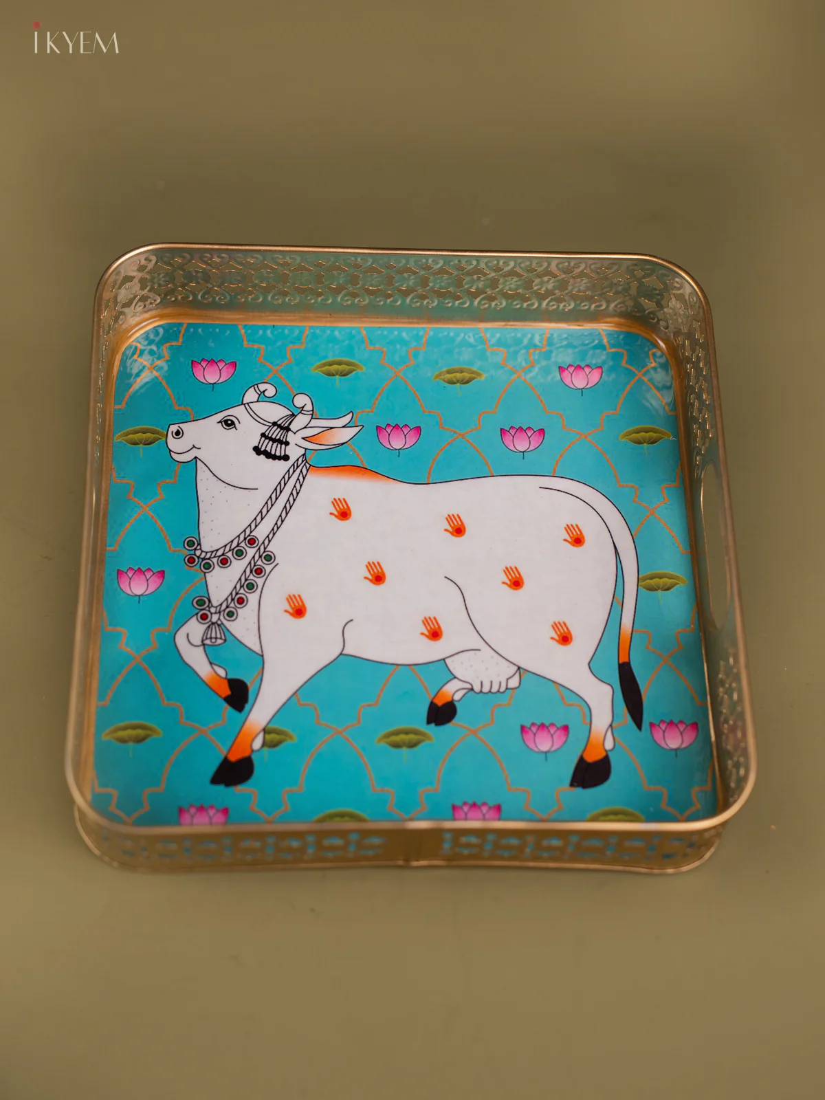 Pichwai Cow Printed Blue Colour Square Metal Tray - KF25111 - Image 4