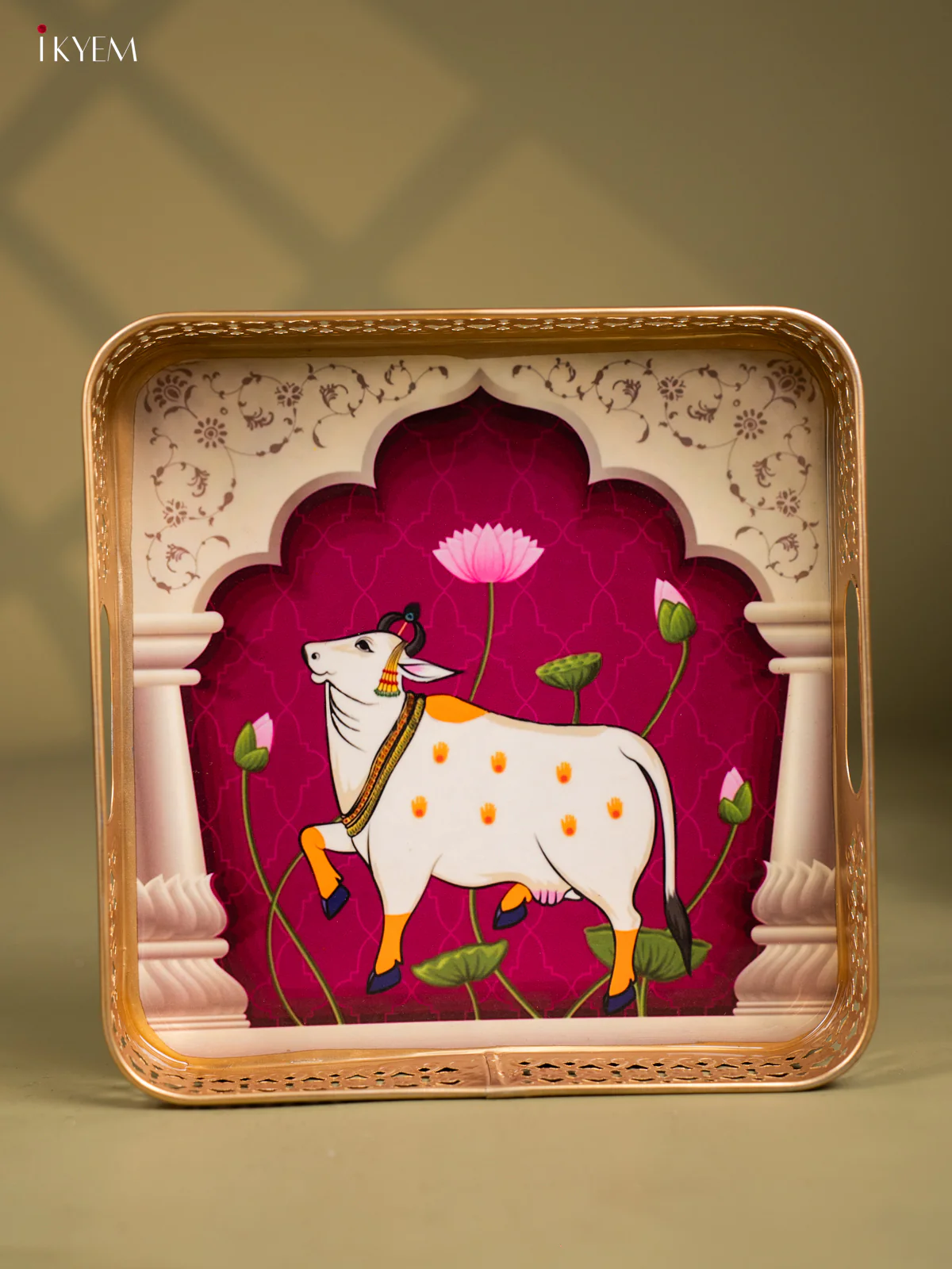 Pichwai Cow Printed Purple Colour Square Metal Tray - KF25116