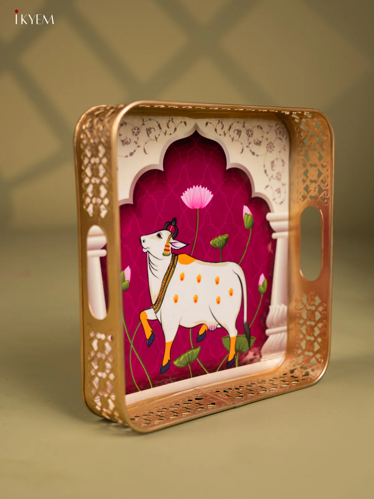 Pichwai Cow Printed Purple Colour Square Metal Tray - KF25116 - Image 2