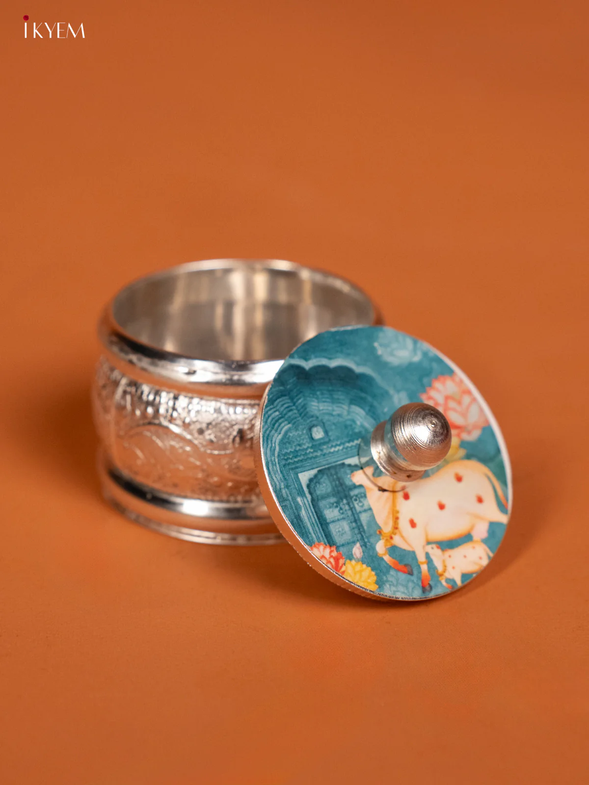Cow & Calf Pichwai Printed German Silver Kumkum Holder - KF10233 - Image 3